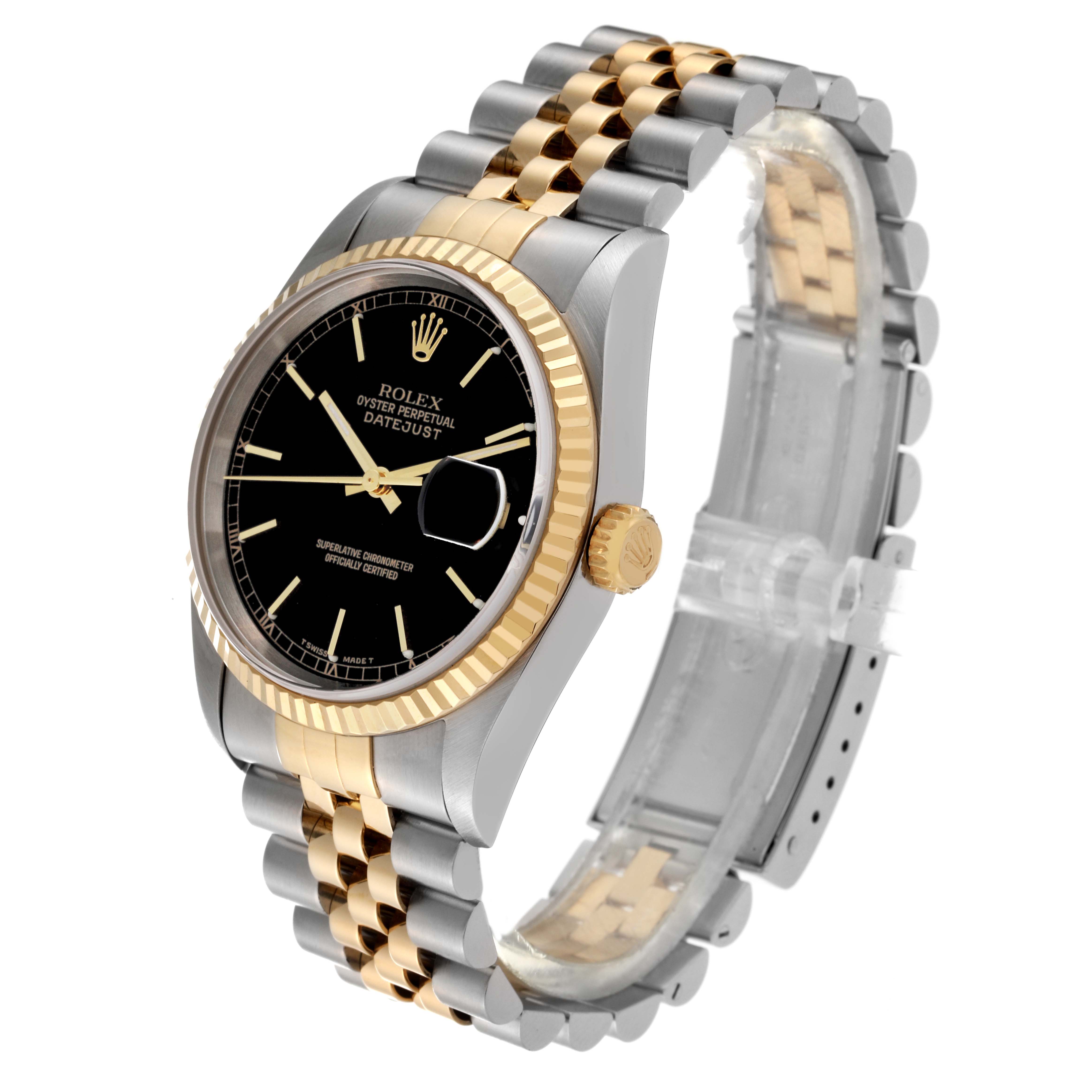 The Rolex Datejust 16233 Men's Steel and Gold (two tone) Black Dial 16233 Men's Steel and Gold (two tone) Black Dial watch is shown at a three-quarter angle, highlighting the black dial, fluted bezel, and two-tone bracelet.