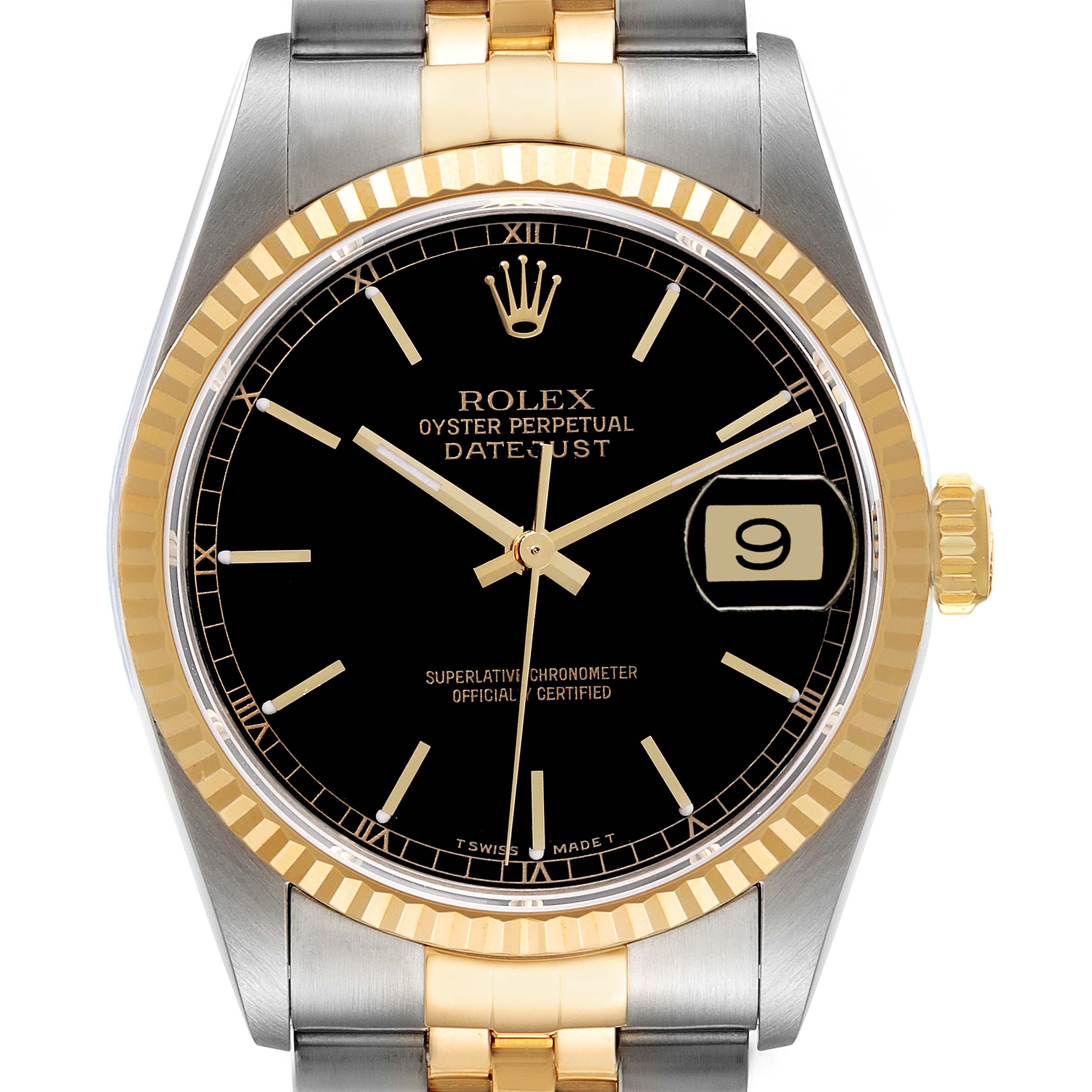 The Rolex Datejust 16233 Men's Steel and Gold (two tone) Black Dial 16233 Men's Steel and Gold (two tone) Black Dial watch is shown from a straight-on angle, displaying the dial, bezel, crown, and part of the bracelet.