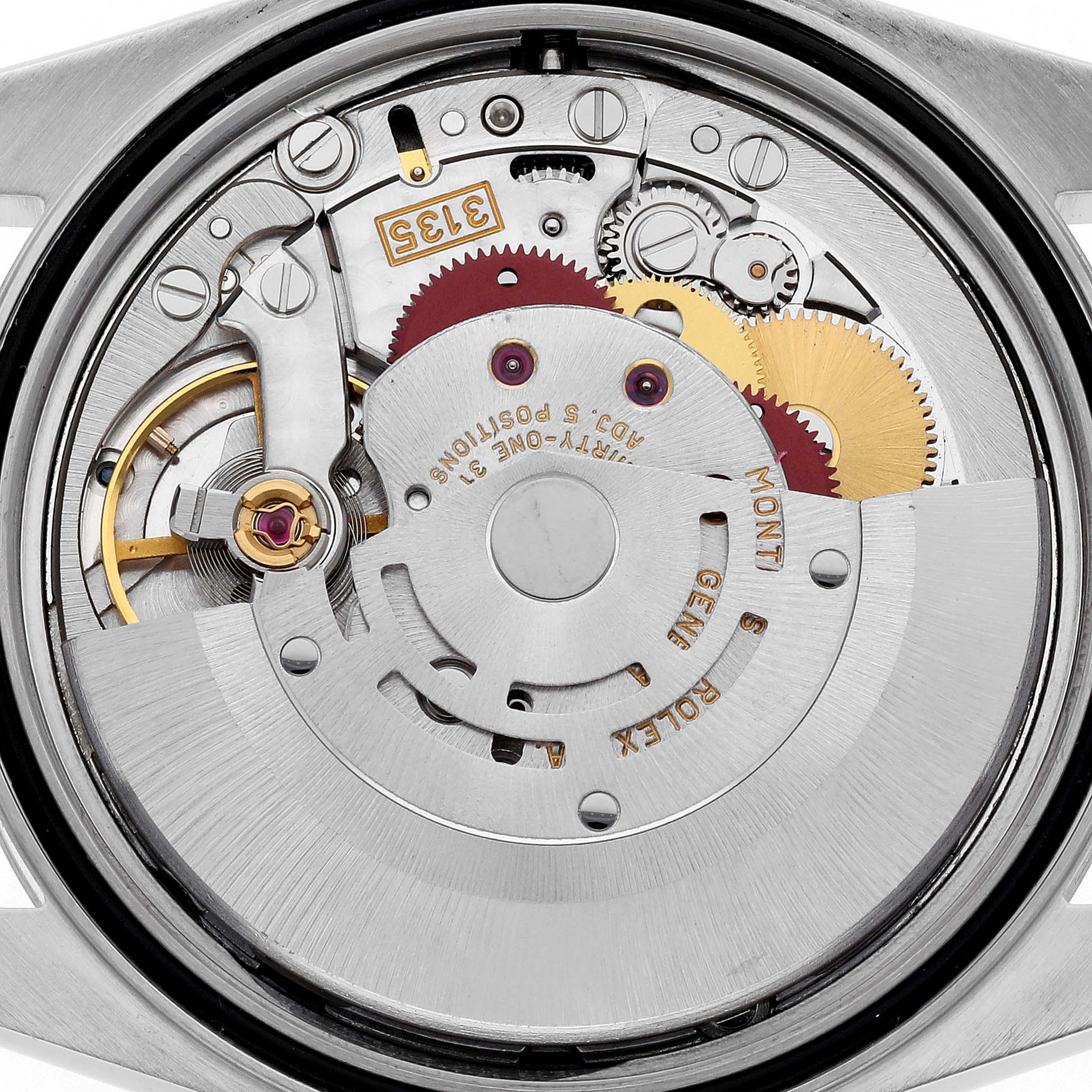 The image shows a close-up of the internal movement mechanism of a Rolex Datejust 16233 Men's Steel and Gold (two tone) Black Dial 16233 Men's Steel and Gold (two tone) Black Dial watch, highlighting the gears and intricate parts.
