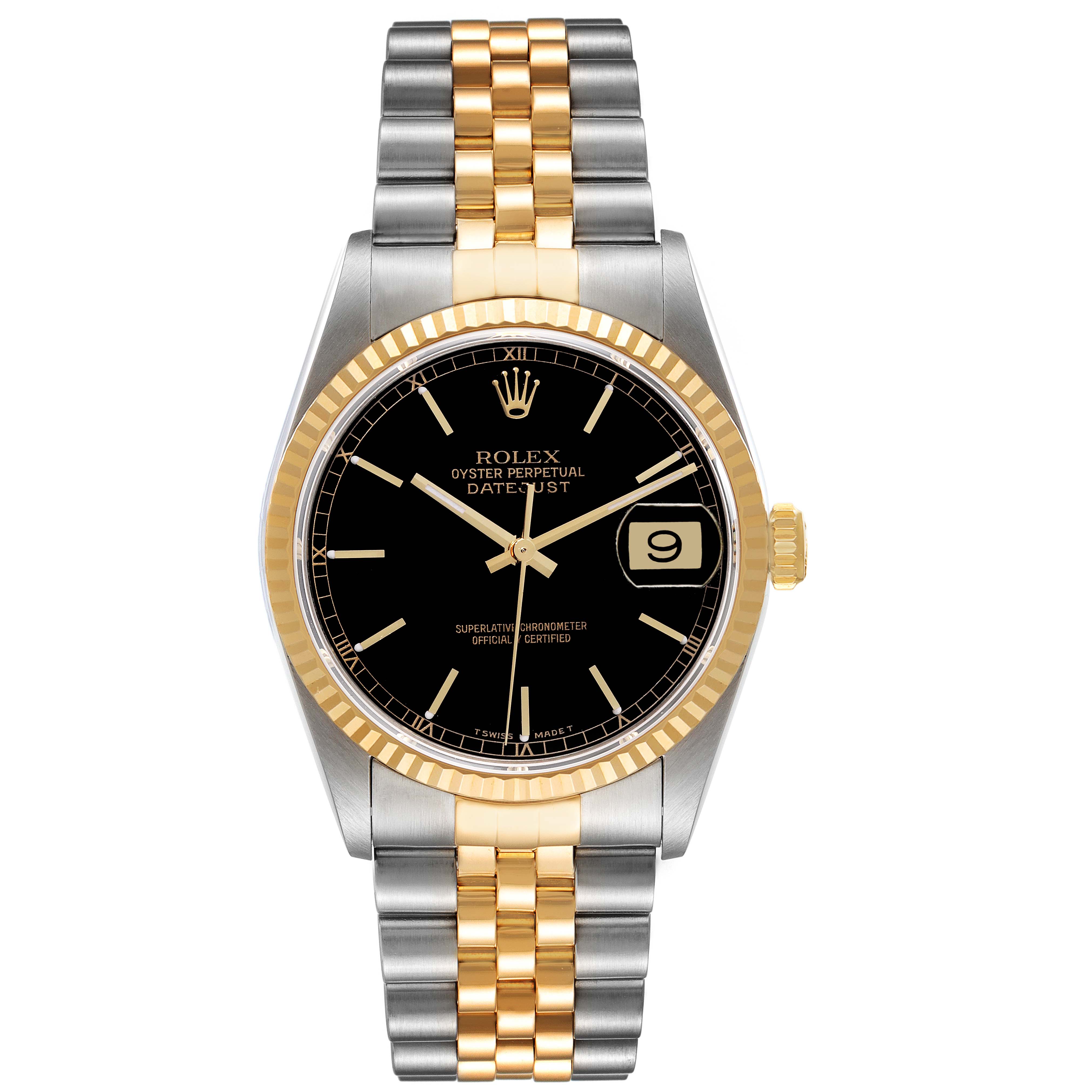 The Rolex Datejust 16233 Men's Steel and Gold (two tone) Black Dial 16233 Men's Steel and Gold (two tone) Black Dial watch is shown from the front, displaying its black dial, gold and silver bracelet, and fluted bezel.