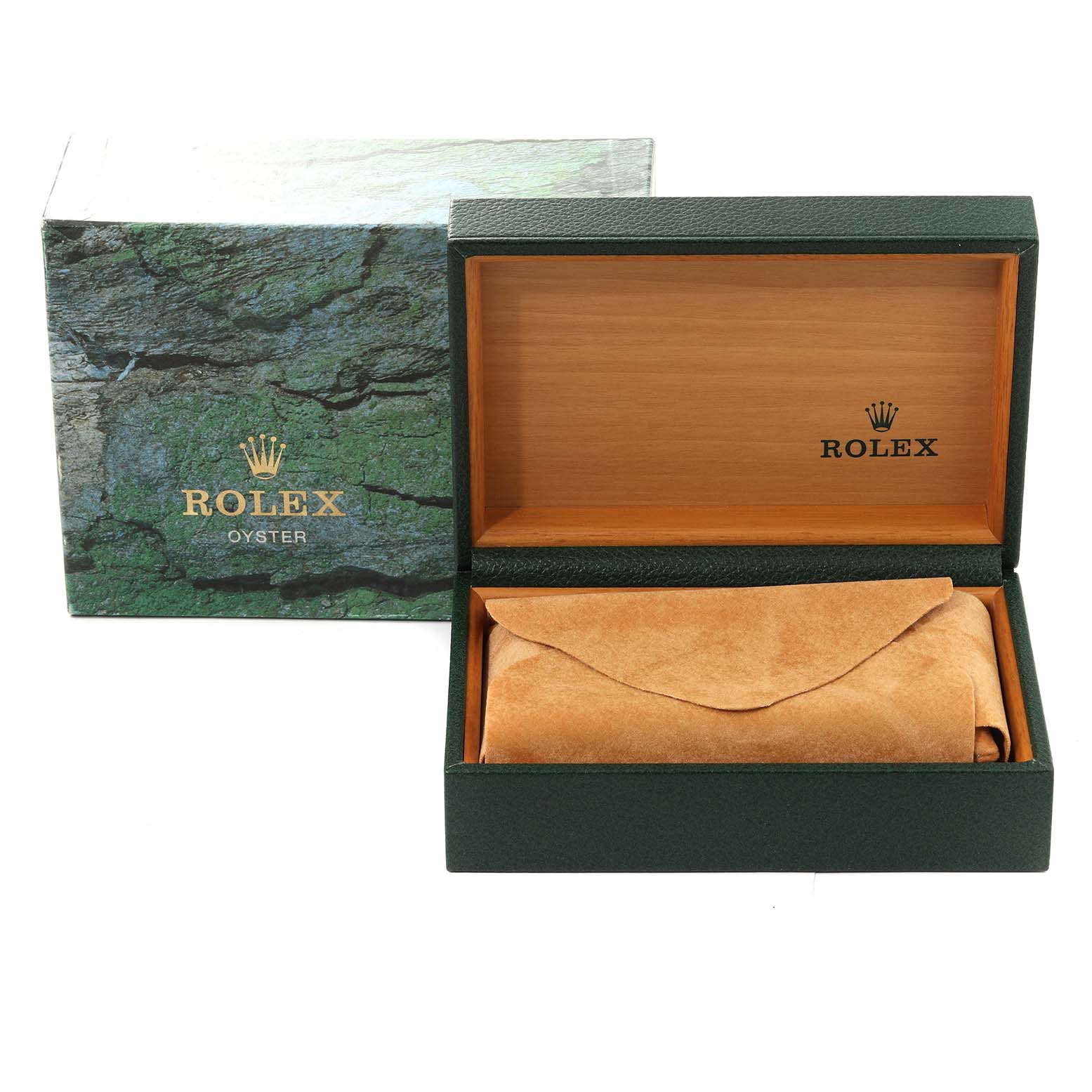 The image shows an open box and outer box for a Rolex Datejust 16233 Men's Steel and Gold (two tone) Black Dial 16233 Men's Steel and Gold (two tone) Black Dial watch, revealing the inside wooden interior and a suede pouch.