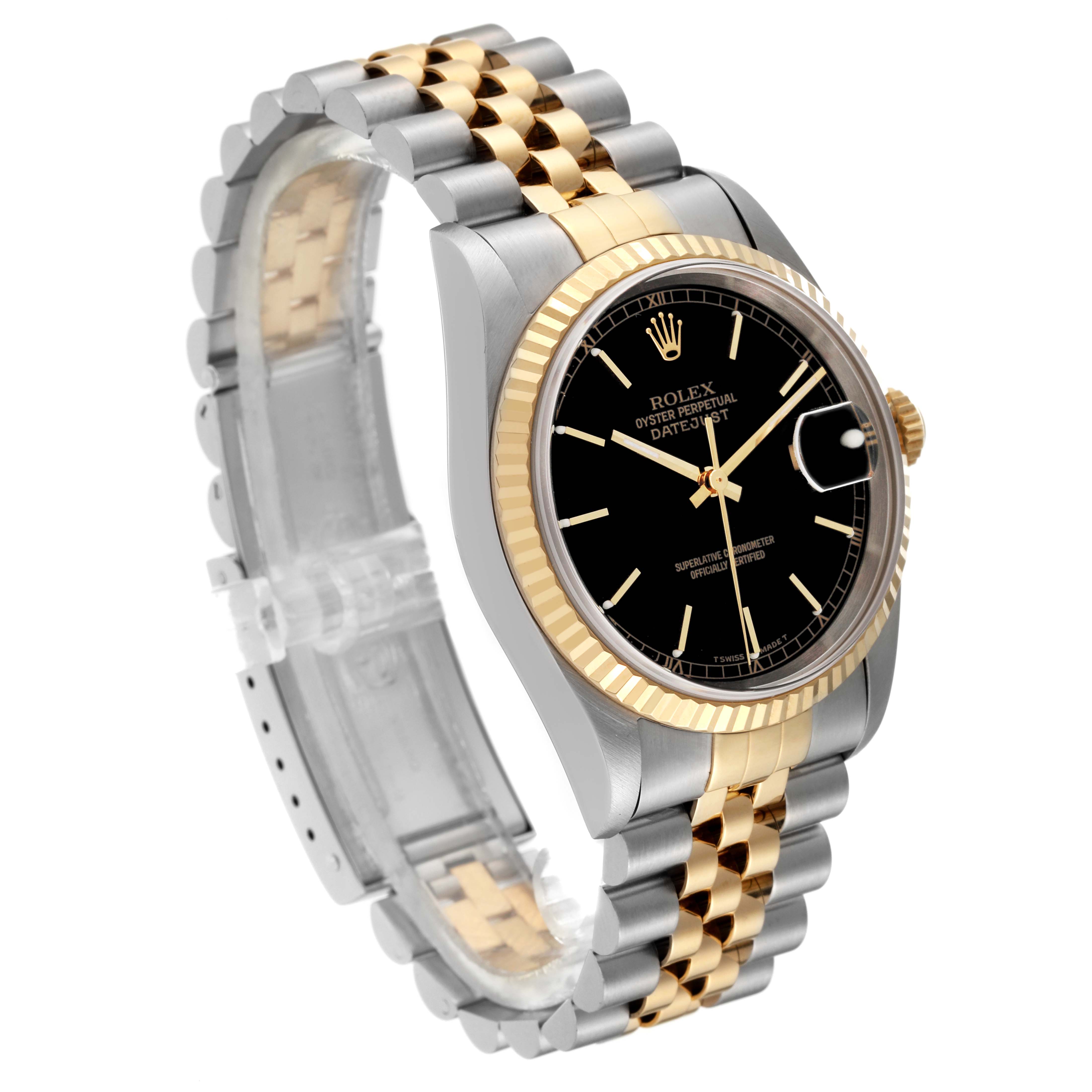 The Rolex Datejust 16233 Men's Steel and Gold (two tone) Black Dial 16233 Men's Steel and Gold (two tone) Black Dial watch is shown at an oblique angle, highlighting its black dial, gold fluted bezel, and two-tone Jubilee bracelet.