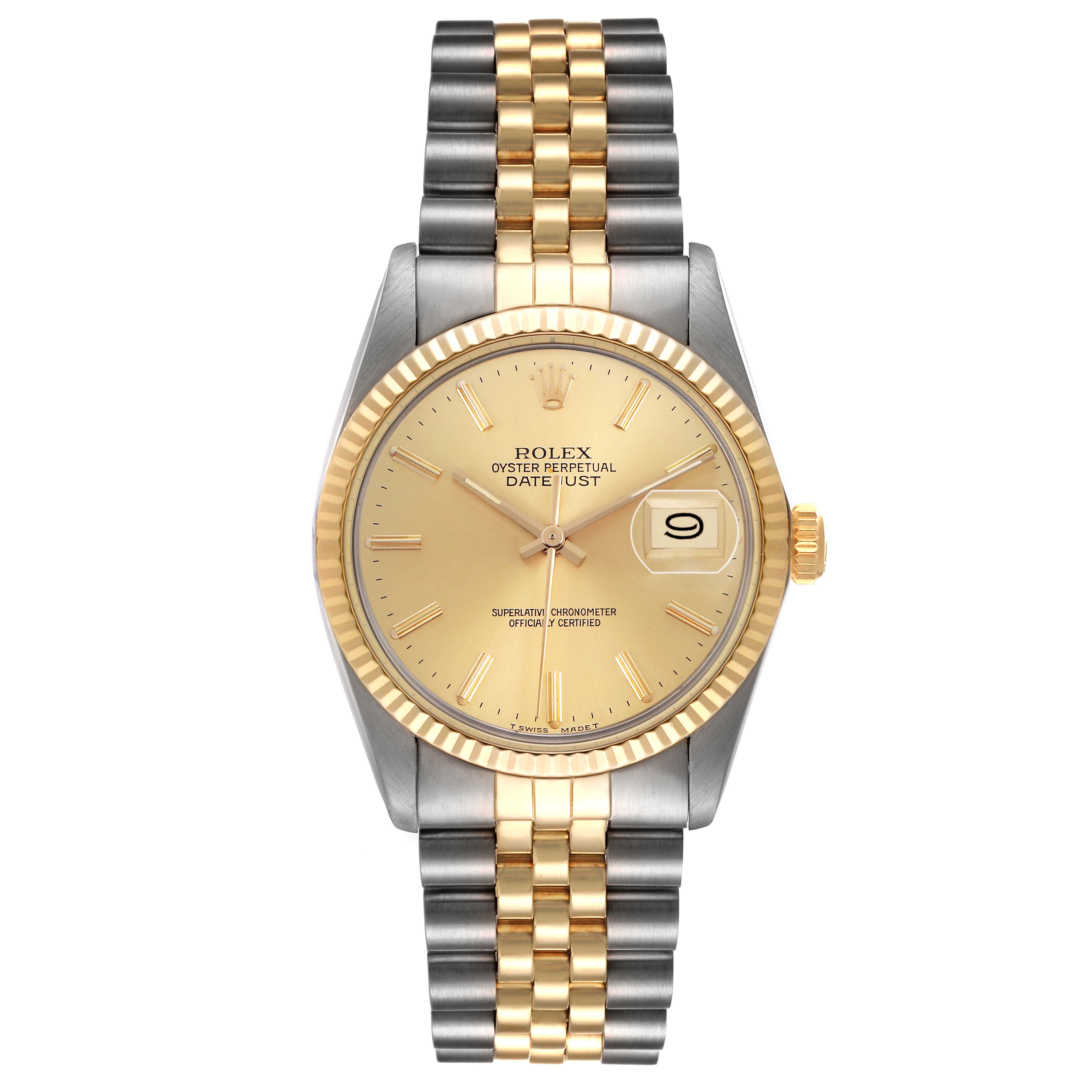 The Rolex Datejust 16013 Men's Steel and Gold (two tone) Champagne Dial watch is shown from the front, highlighting the dial, bezel, and bracelet.
