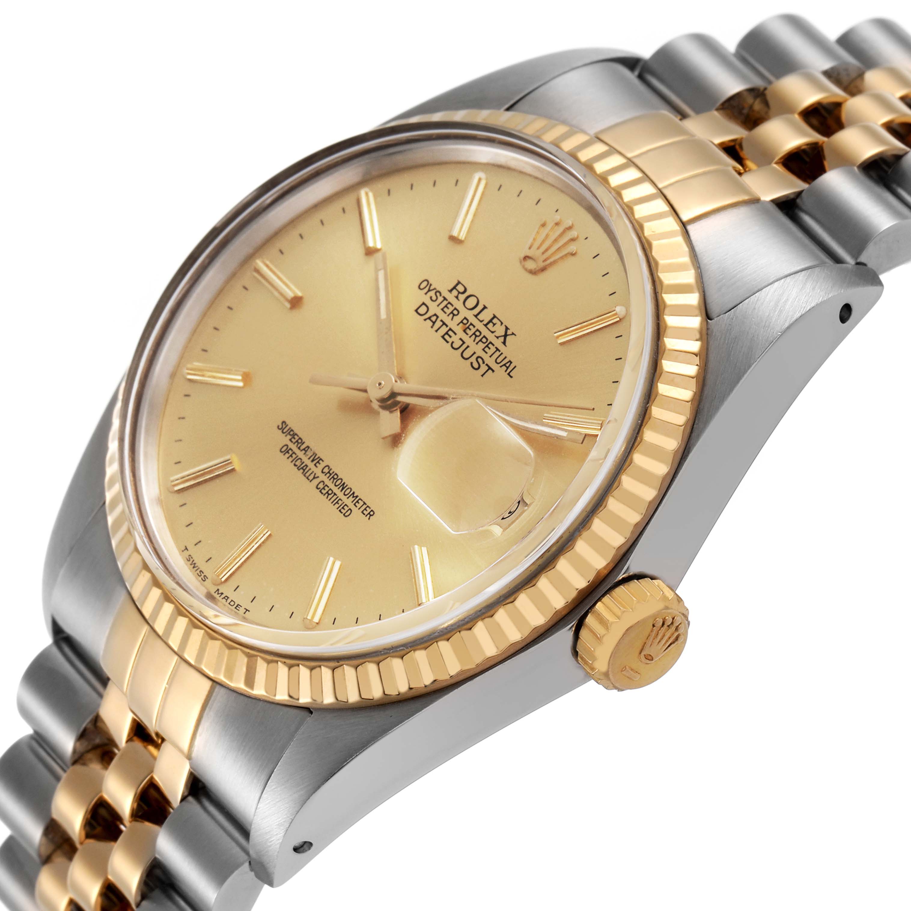 The Rolex Datejust 16013 Men's Steel and Gold (two tone) Champagne Dial watch is shown at an angle highlighting the gold bezel, champagne dial, and two-tone Jubilee bracelet.
