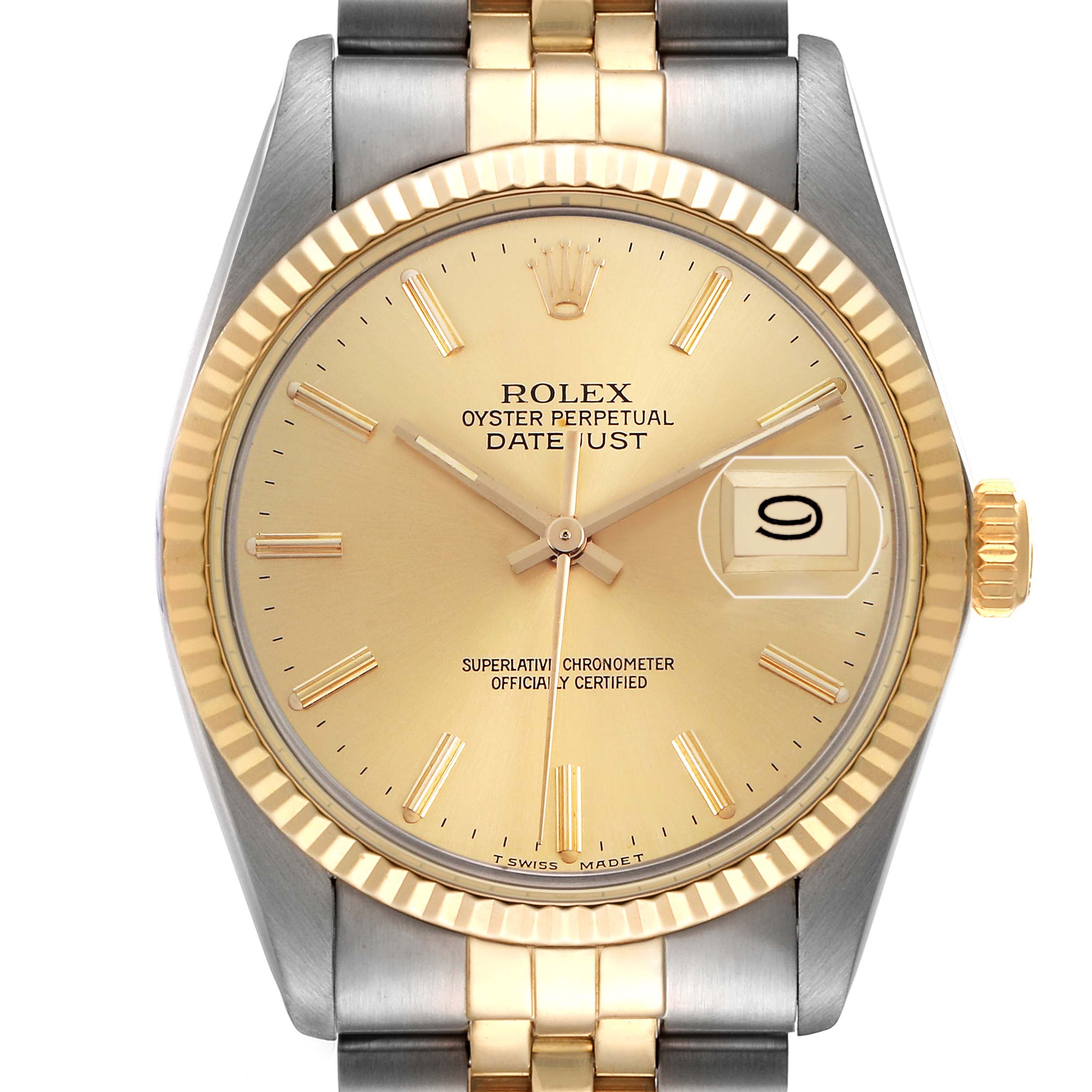 The Rolex Datejust 16013 Men's Steel and Gold (two tone) Champagne Dial watch is shown from a front angle, highlighting the dial, bezel, crown, and part of the bracelet.