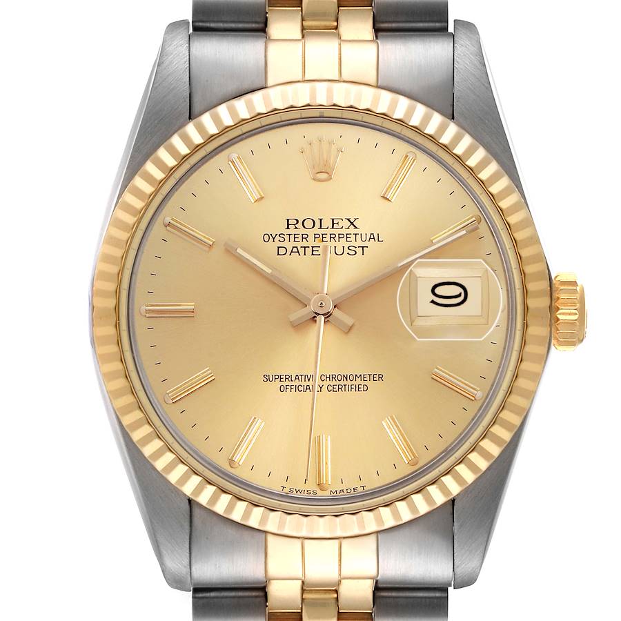 The Rolex Datejust 16013 Men's Steel and Gold (two tone) Champagne Dial watch is shown from a front angle, highlighting the dial, bezel, crown, and part of the bracelet.