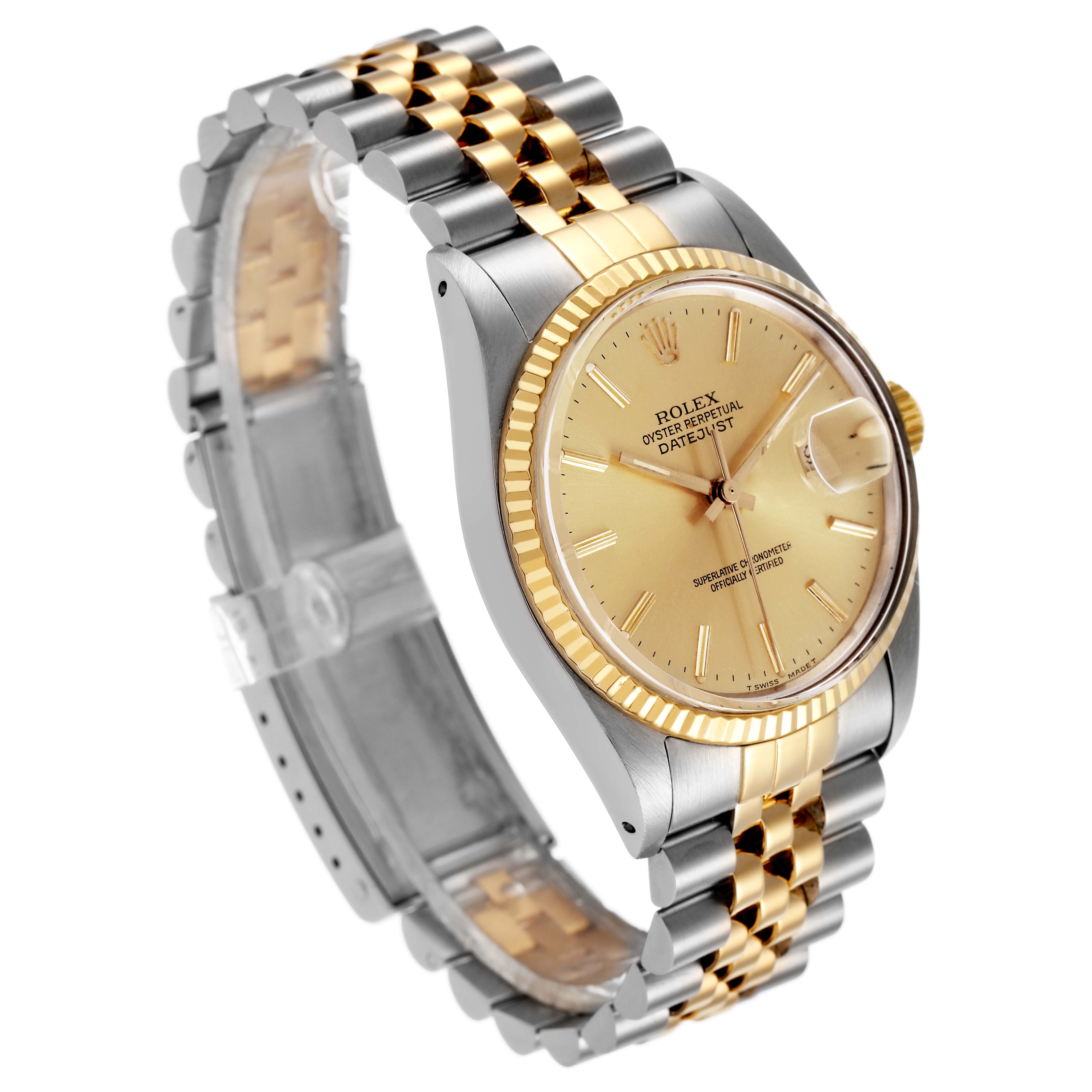 The Rolex Datejust 16013 Men's Steel and Gold (two tone) Champagne Dial watch is shown at a three-quarter angle, displaying the dial, case, and Jubilee bracelet.