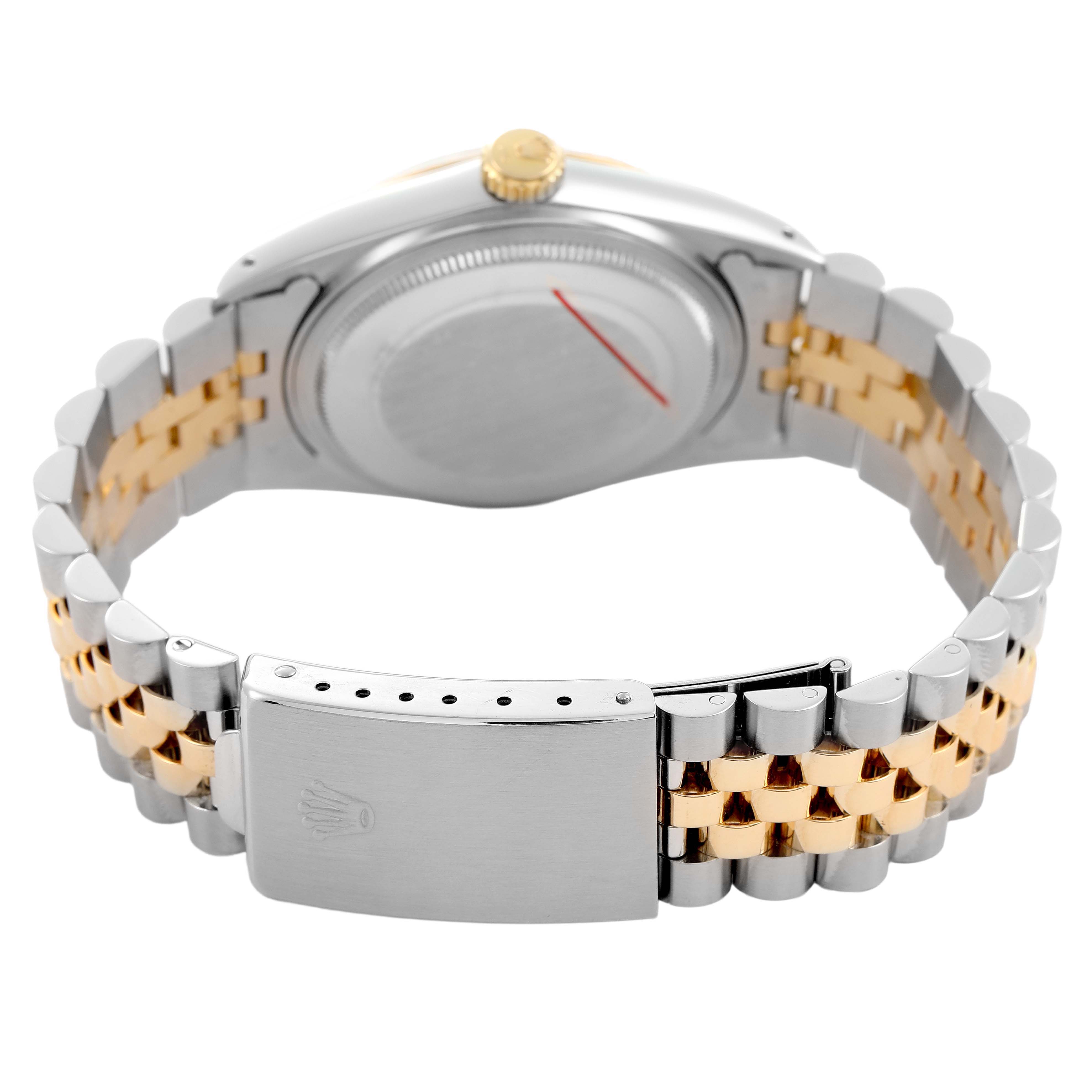 The image shows the back of a Rolex Datejust 16013 Men's Steel and Gold (two tone) Champagne Dial watch, highlighting the clasp, case back, and two-tone bracelet.