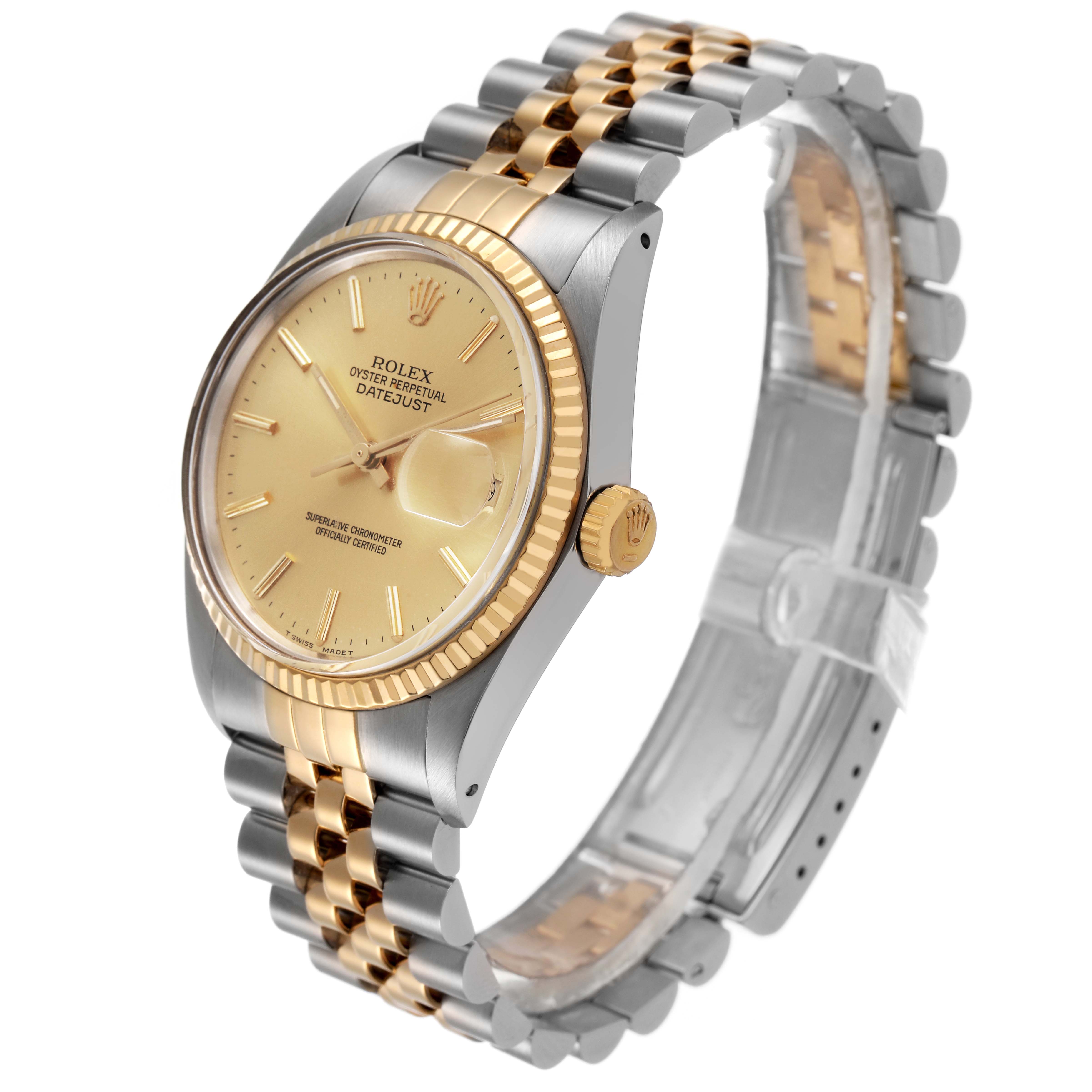 The Rolex Datejust 16013 Men's Steel and Gold (two tone) Champagne Dial watch is shown at an angled view, highlighting the dial, bezel, crown, and two-tone bracelet.