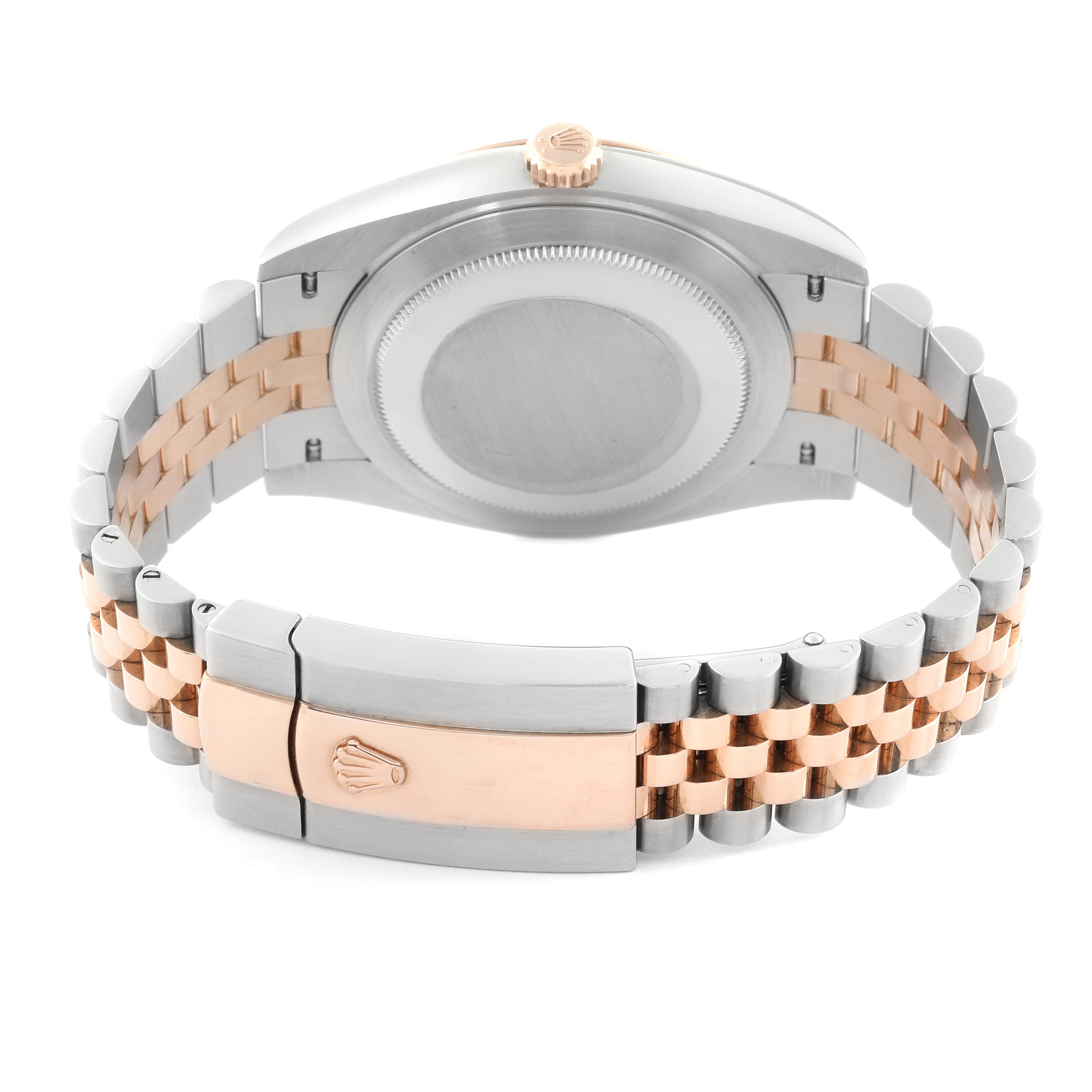 The image shows the back of a Rolex Datejust 41 126331 Men's Steel and Gold (two tone) Pink Dial 126331 Men's Steel and Gold (two tone) Pink Dial watch, highlighting its two-tone jubilee bracelet and the closed clasp.