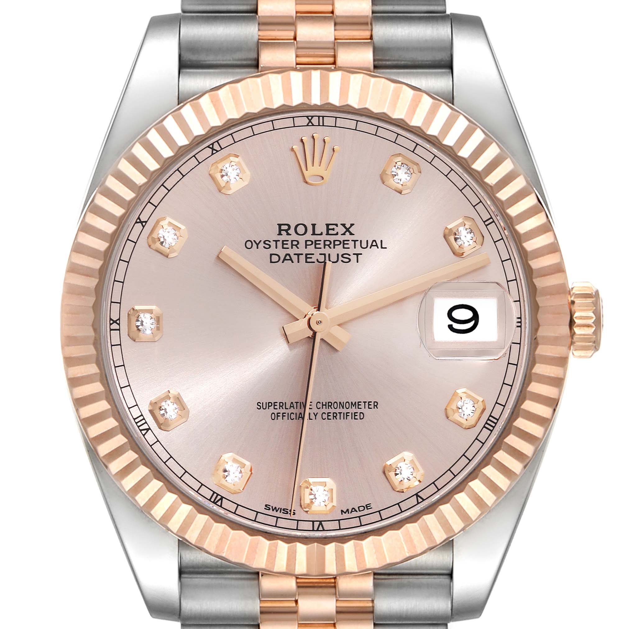 The image shows the dial and bezel of the Rolex Datejust 41 126331 Men's Steel and Gold (two tone) Pink Dial 126331 Men's Steel and Gold (two tone) Pink Dial, including part of the bracelet and the crown.