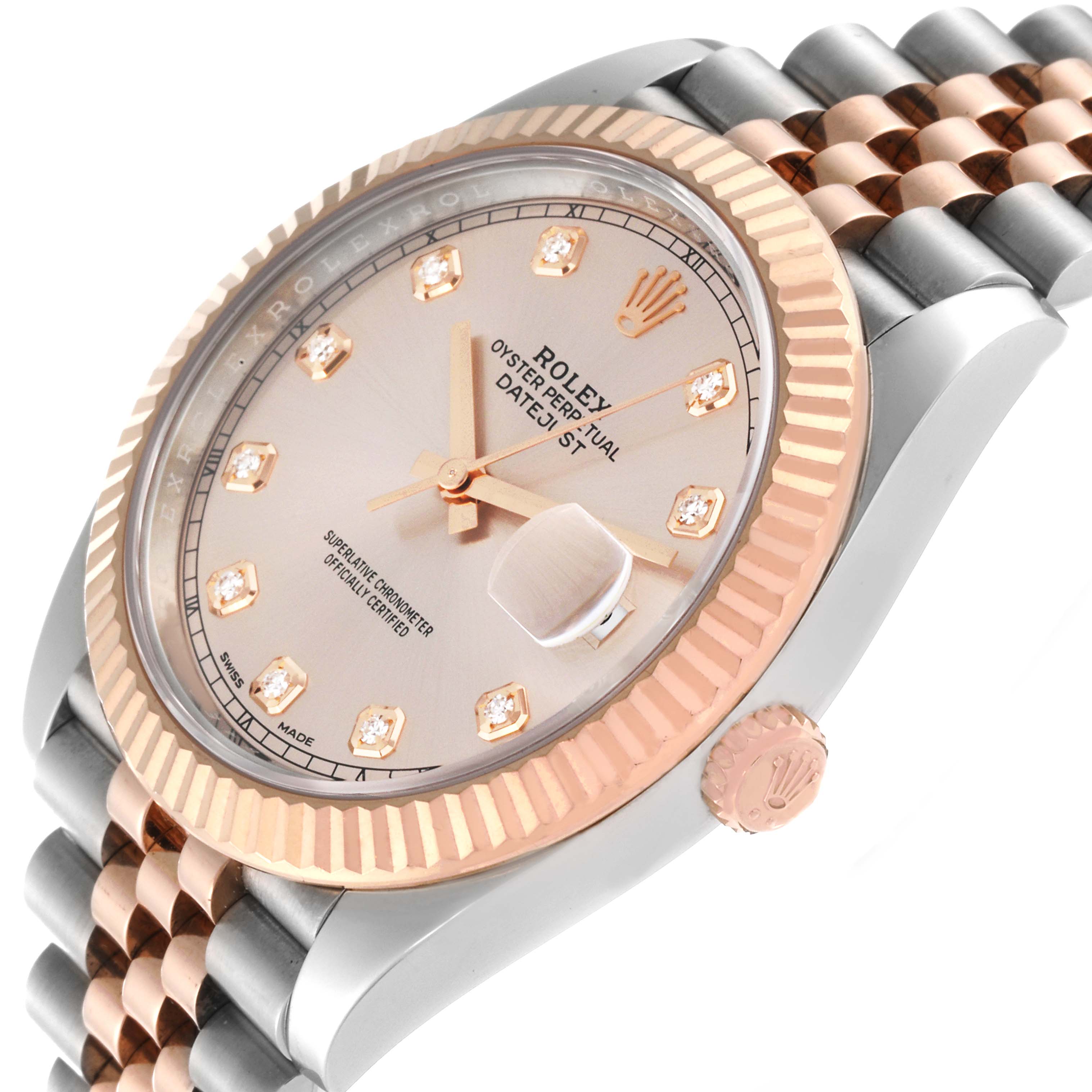 This Rolex Datejust 41 126331 Men's Steel and Gold (two tone) Pink Dial 126331 Men's Steel and Gold (two tone) Pink Dial watch is shown at an angle highlighting the face, bezel, crown, and bracelet.