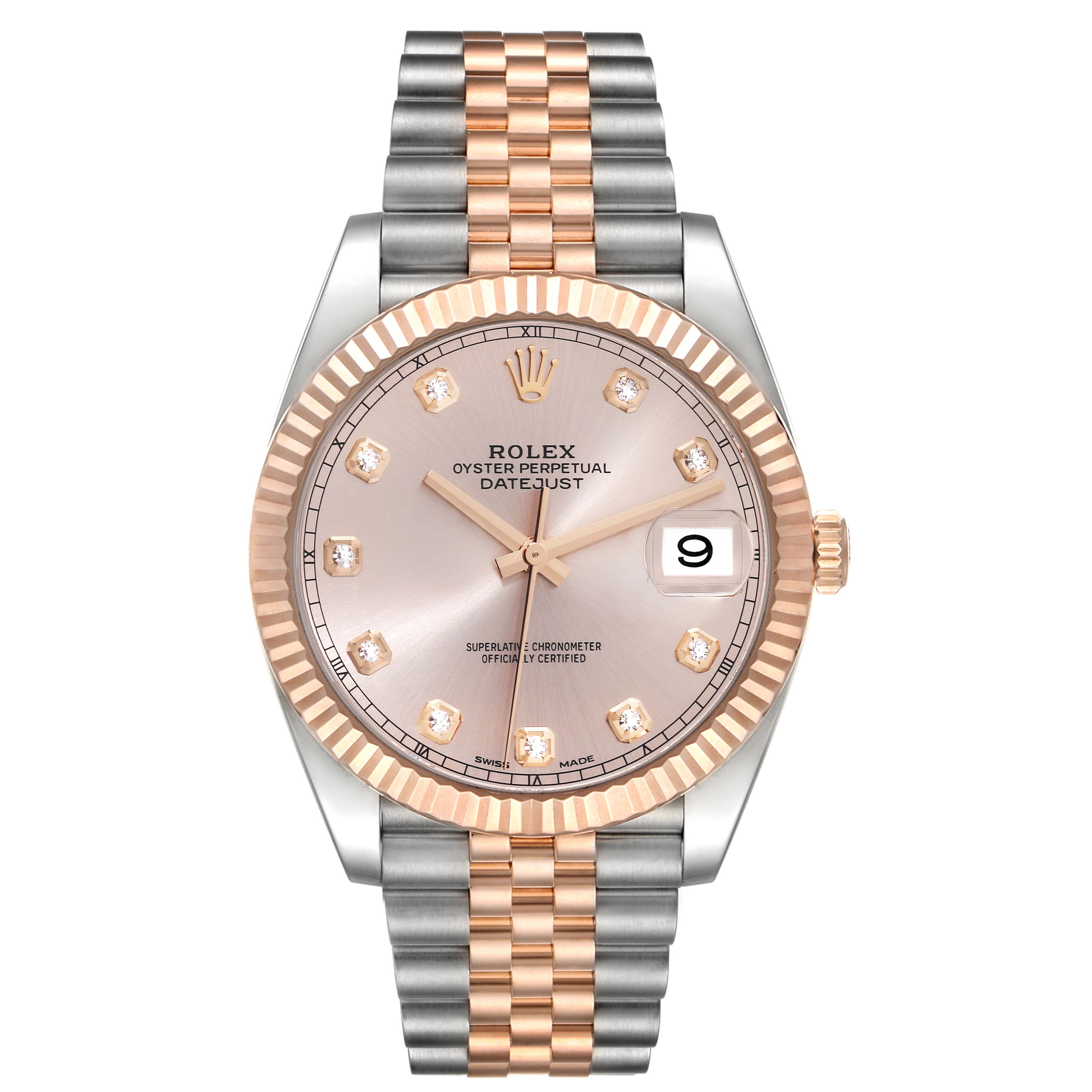 This image shows a frontal view of the Rolex Datejust 41 126331 Men's Steel and Gold (two tone) Pink Dial 126331 Men's Steel and Gold (two tone) Pink Dial, highlighting its dial, bezel, and the two-tone bracelet.