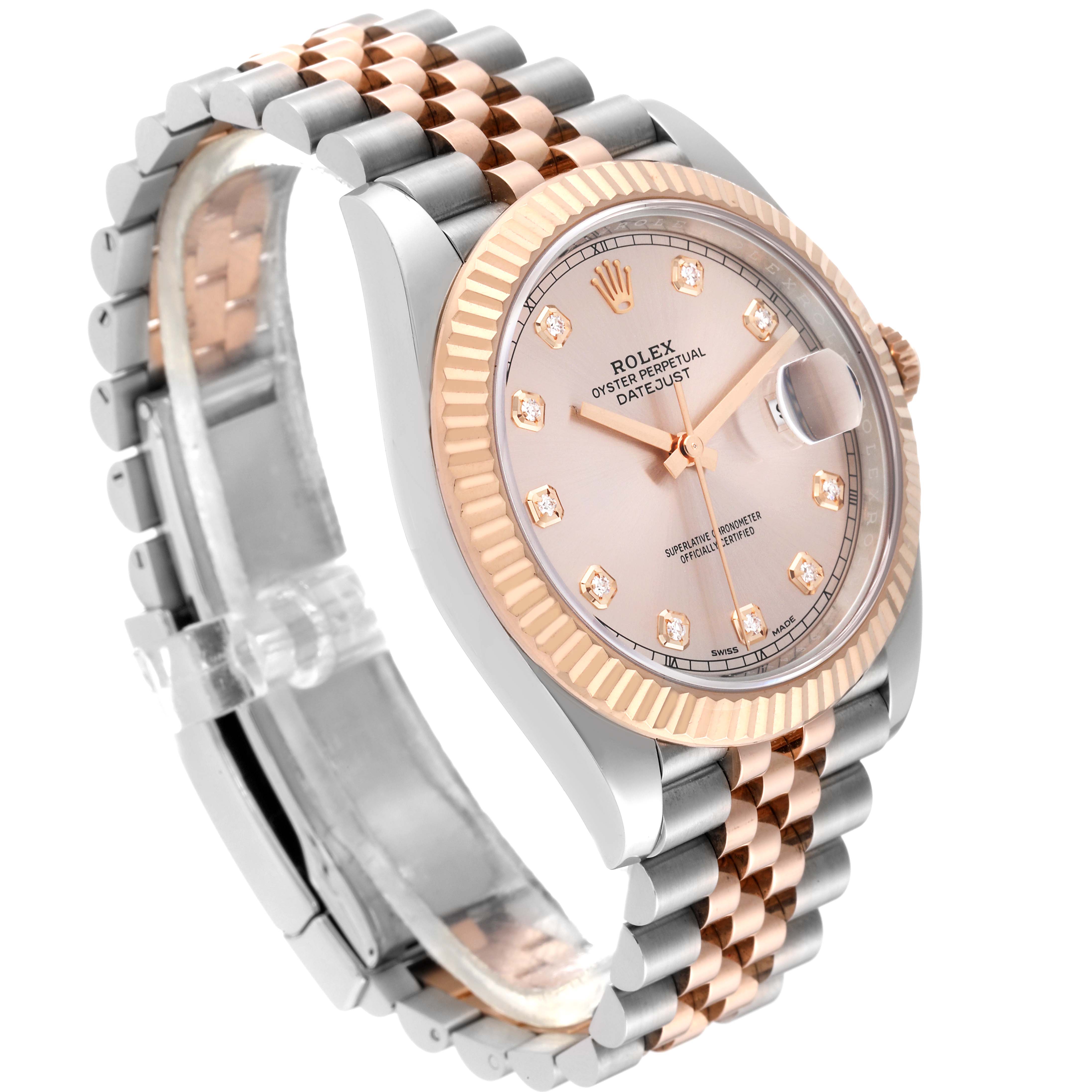 The image shows a side and front angle of a Rolex Datejust 41 126331 Men's Steel and Gold (two tone) Pink Dial 126331 Men's Steel and Gold (two tone) Pink Dial watch, featuring a two-tone metal bracelet and diamond markers.
