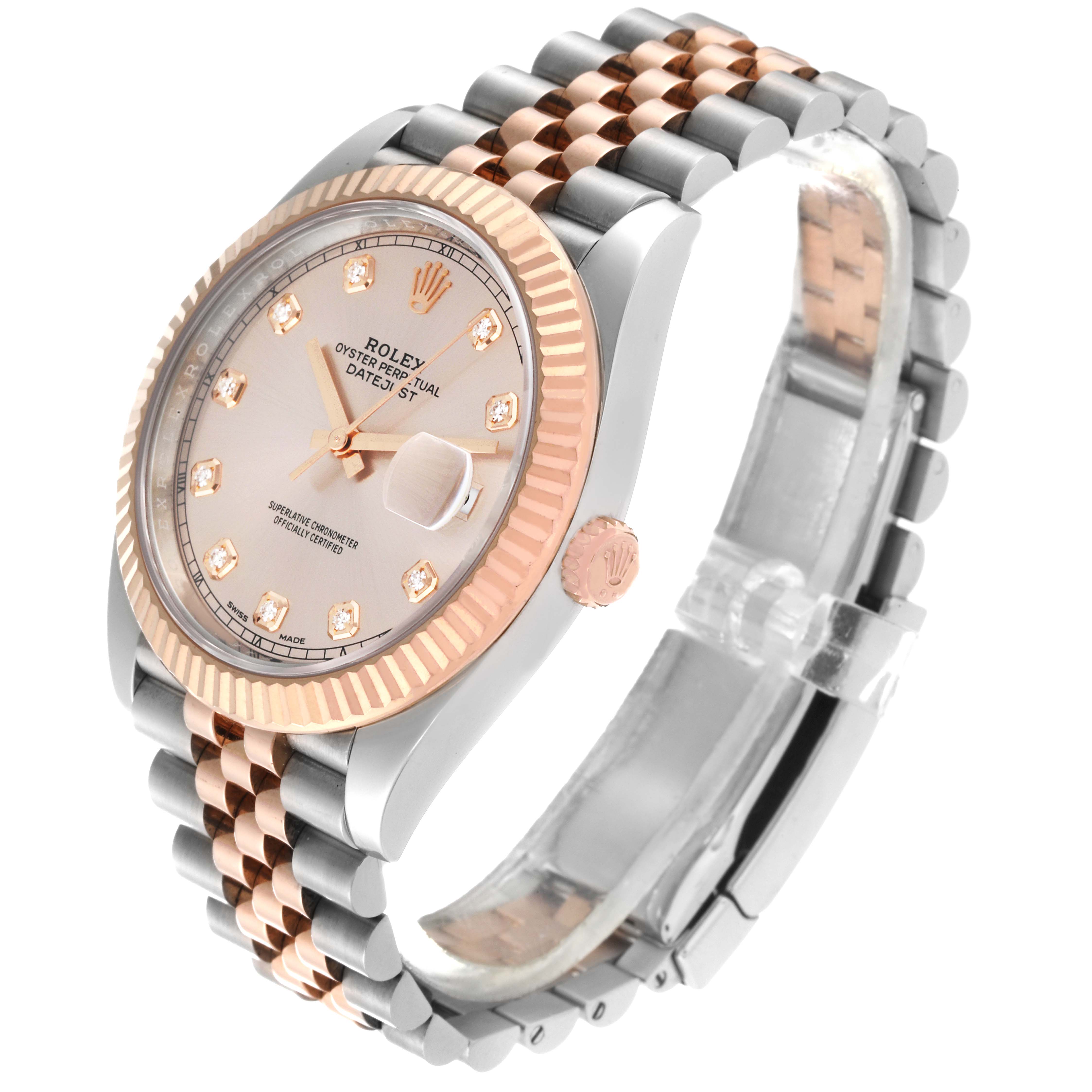 The image shows a Rolex Datejust 41 126331 Men's Steel and Gold (two tone) Pink Dial 126331 Men's Steel and Gold (two tone) Pink Dial from a top-side angle, highlighting its two-tone bracelet, fluted bezel, and dial with date function.