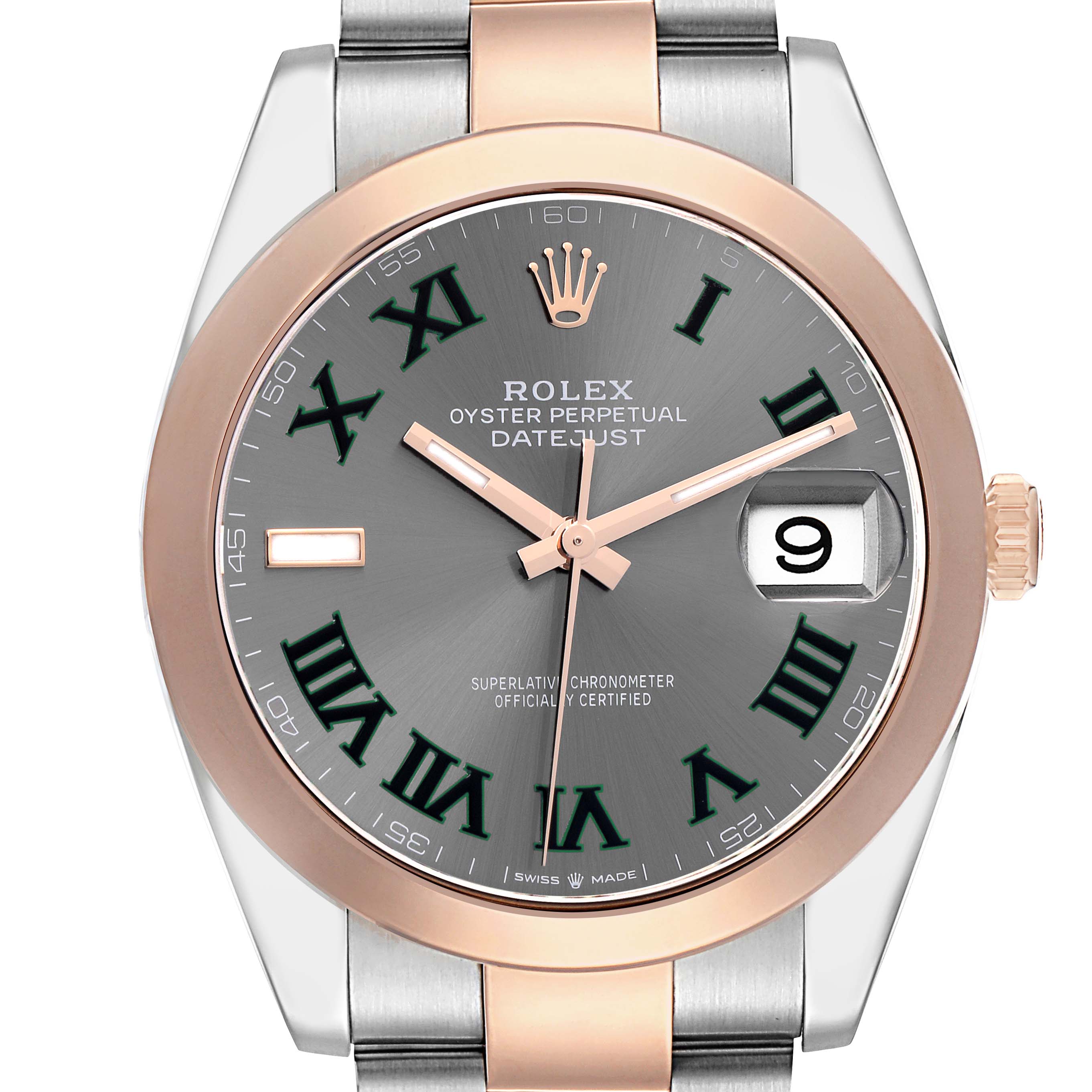 The Rolex Datejust 41 model 126301 is shown from the front, highlighting the dial, hands, Roman numeral indices, date window, bezel, and part of the bracelet.