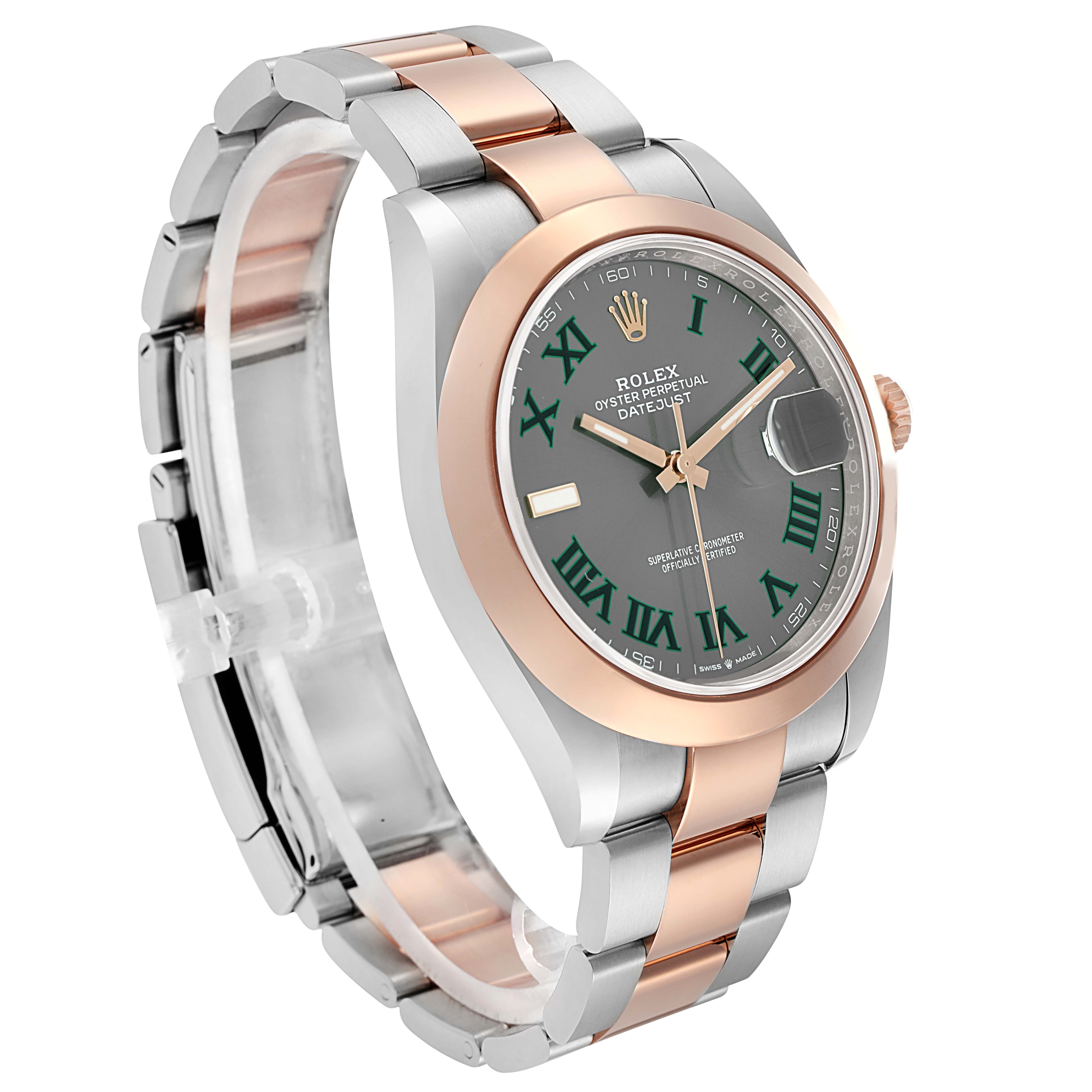 The Rolex Datejust 41 model 126301 is shown at a slight angle, highlighting the watch face, bezel, crown, and bracelet with a focus on its two-tone design.