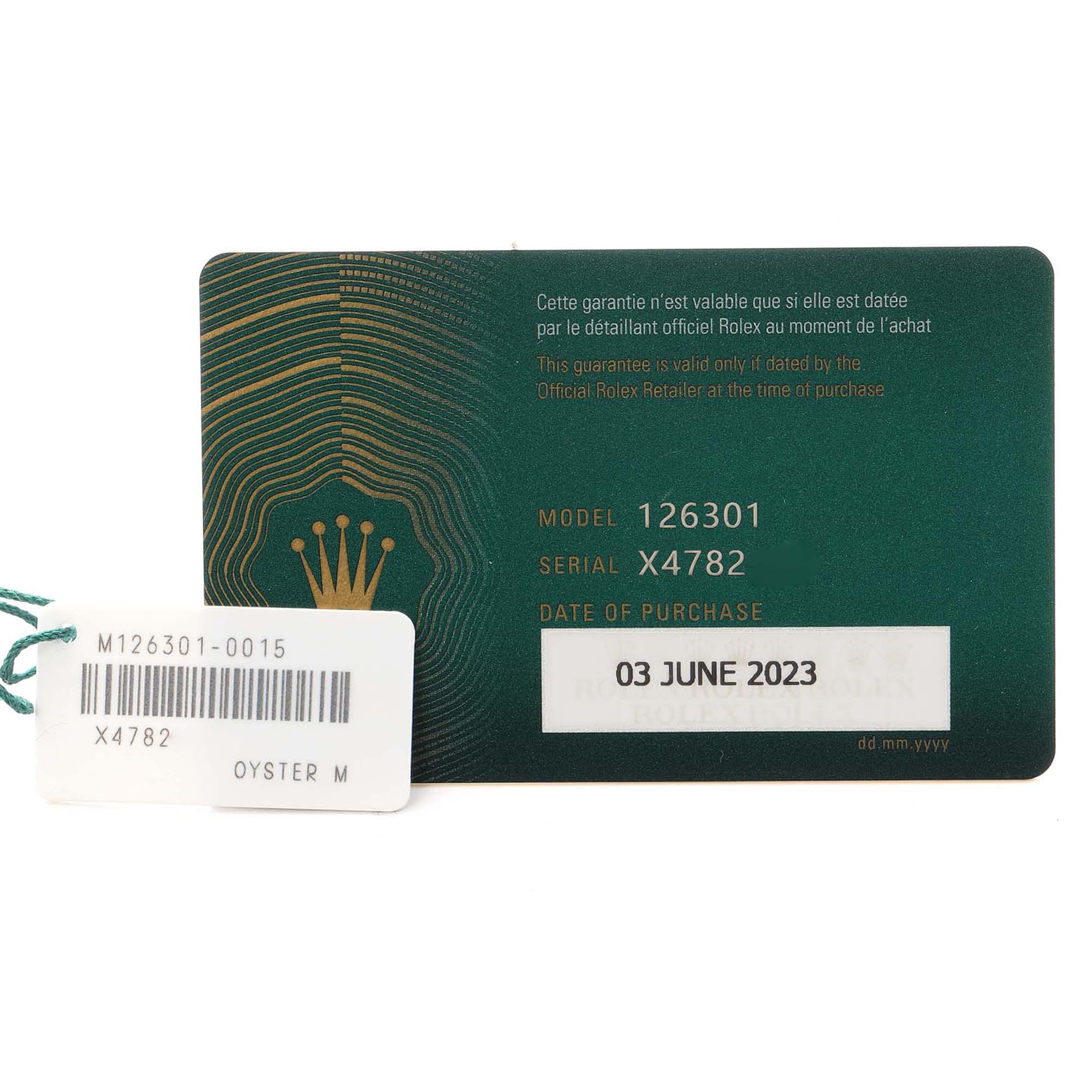 The image shows a Rolex Datejust 41 model 126301 warranty card and tag with model and serial number, alongside the date of purchase.