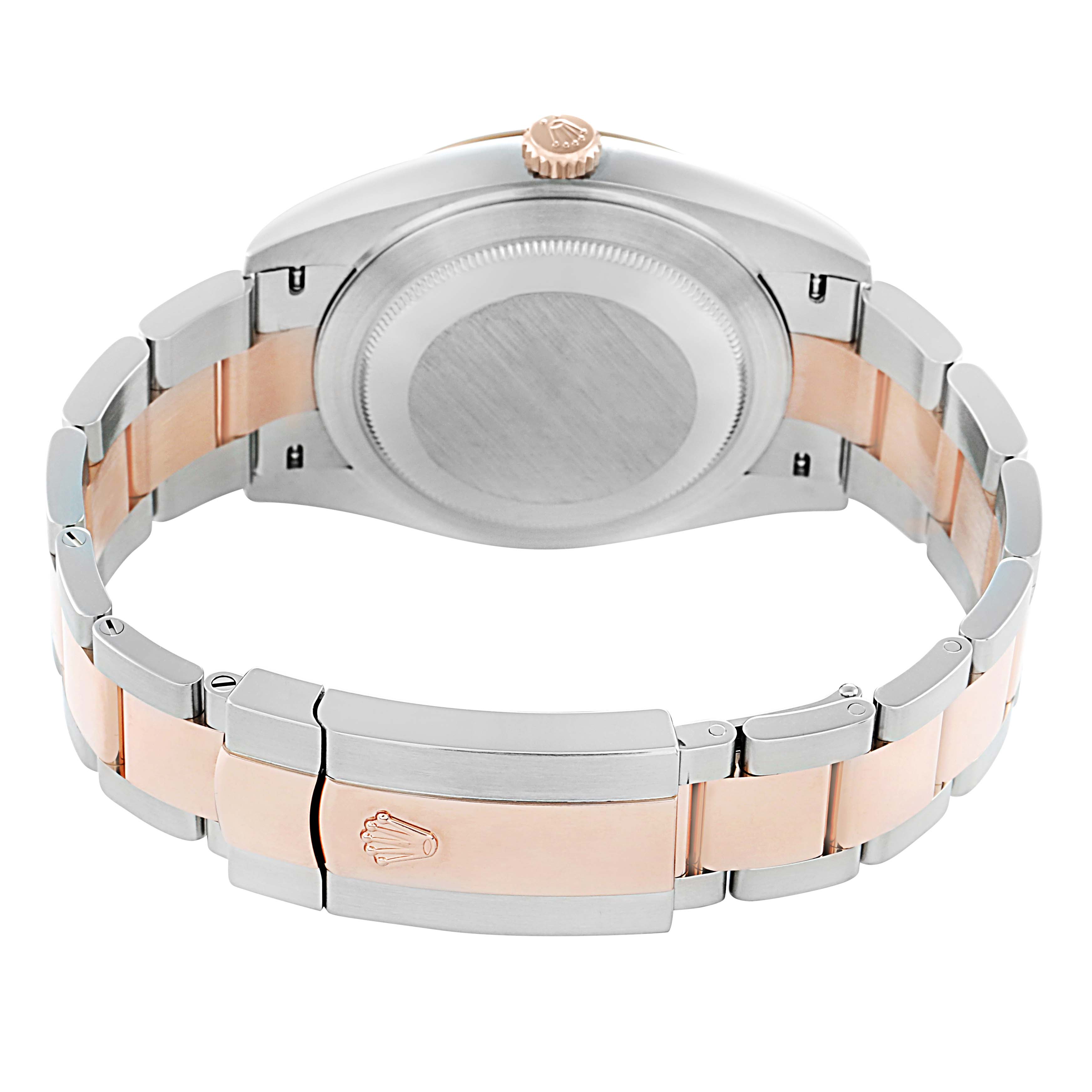 The image shows a rear view of the Rolex Datejust 41 Model 126301, focusing on its two-tone bracelet, clasp, and the back of the watch case.