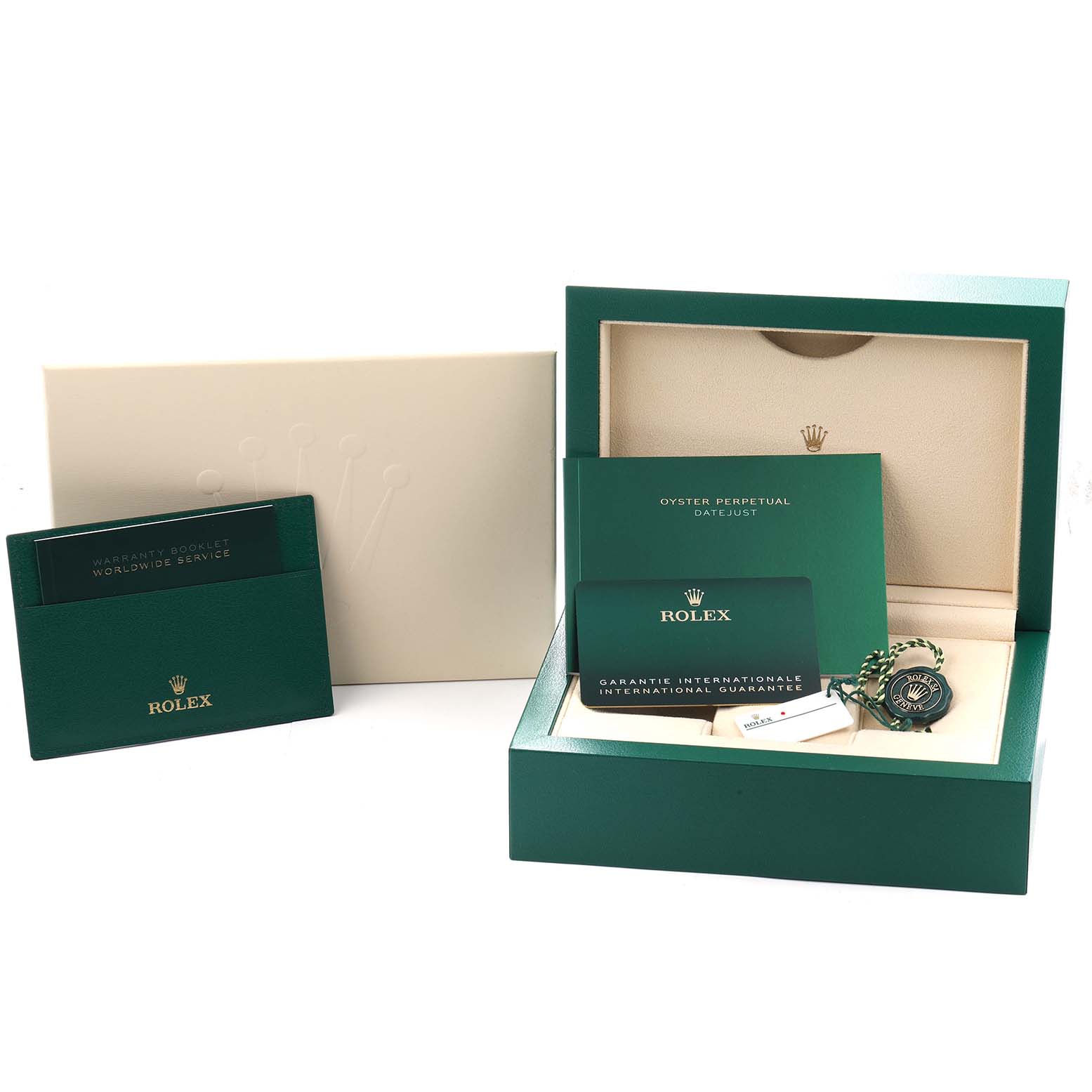 The image displays accessories for a Rolex Datejust 41, model 126301, including the box, warranty card, and booklet from an angled view.