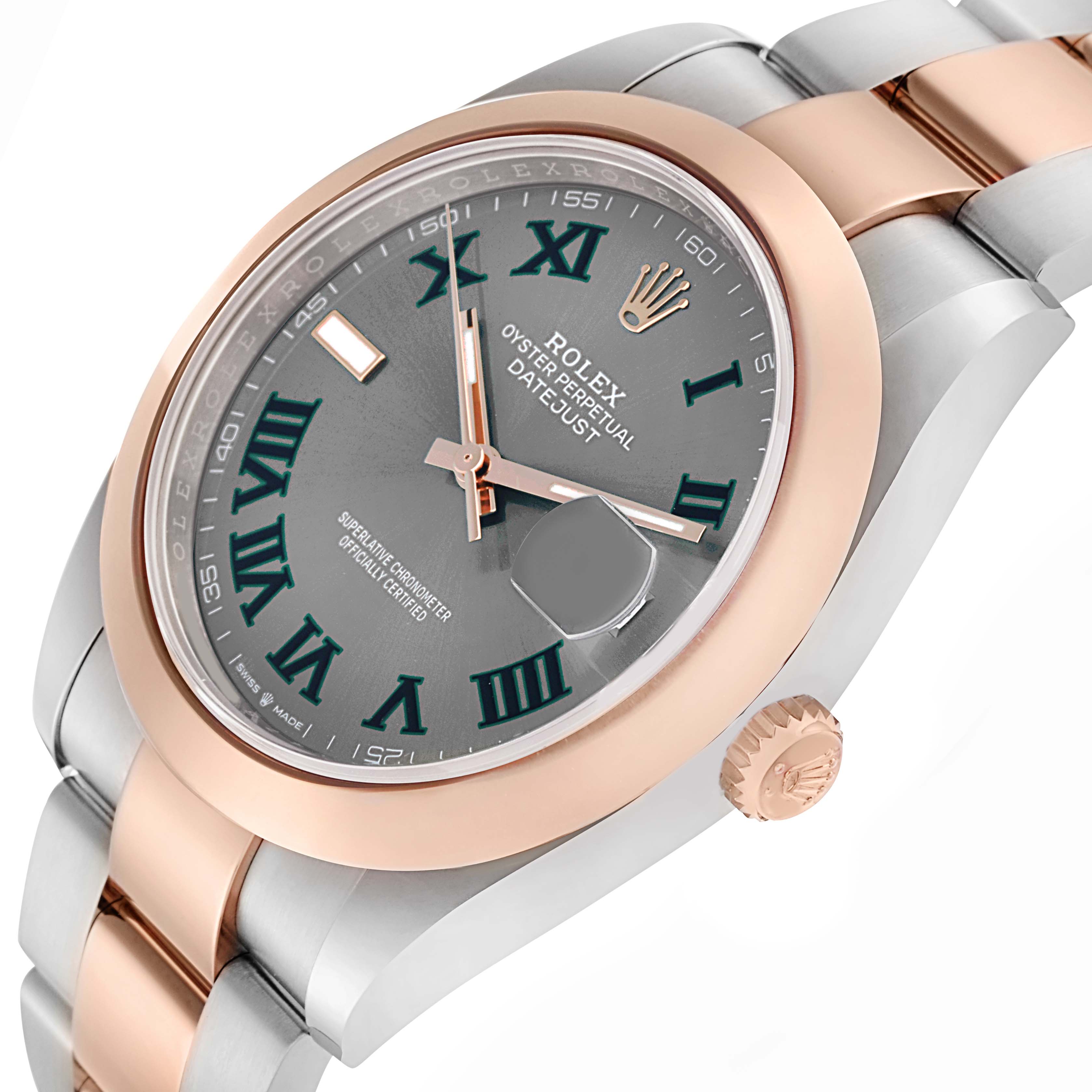 The Rolex Datejust 41 model 126301 is shown at an angle highlighting the face, bezel, crown, and bracelet, with the watch tilted slightly to the right.