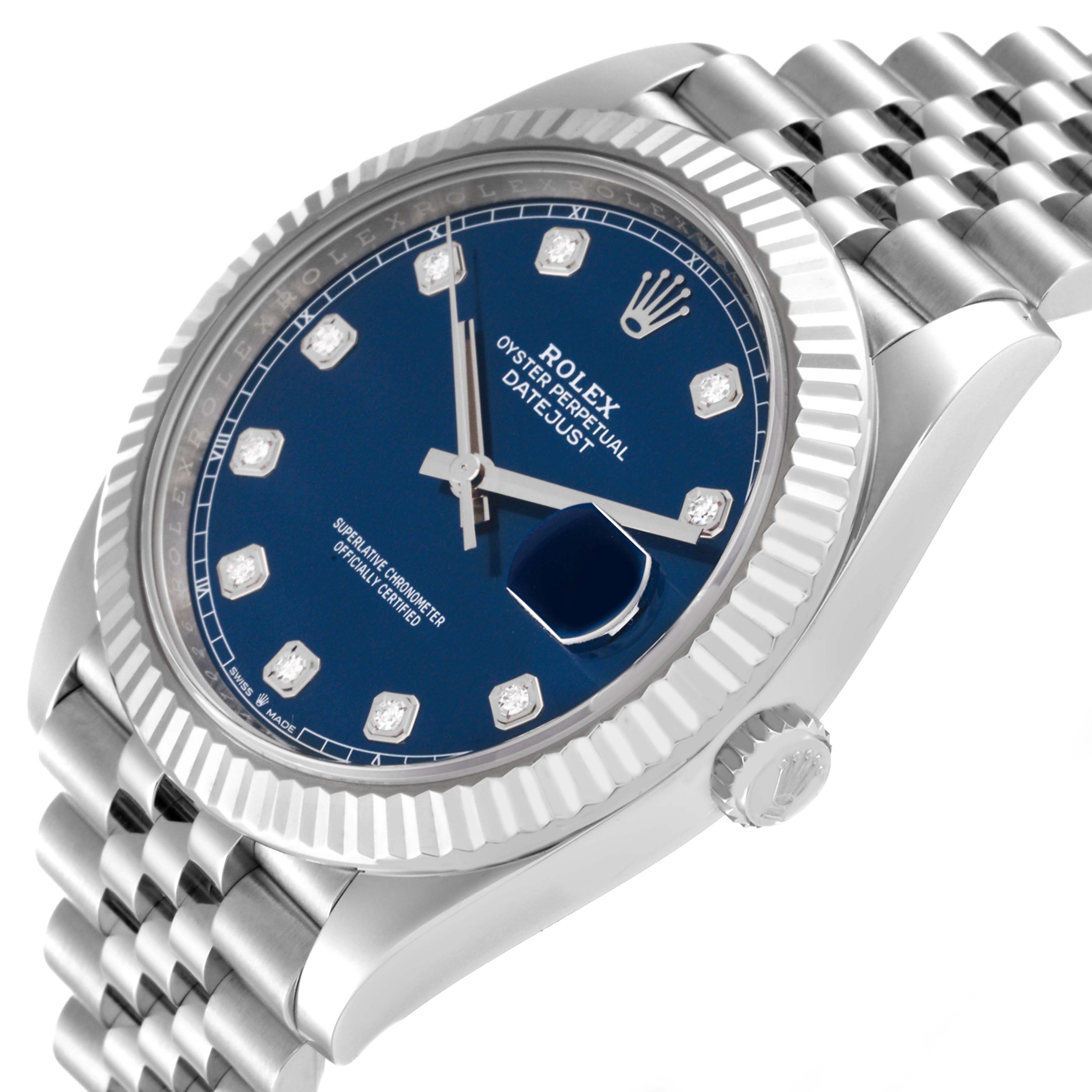 The image shows a Rolex Datejust 41 126334 Men's Stainless Steel Blue Dial 126334 Men's Stainless Steel Blue Dial watch from an angled side view, highlighting the blue dial, fluted bezel, and bracelet.