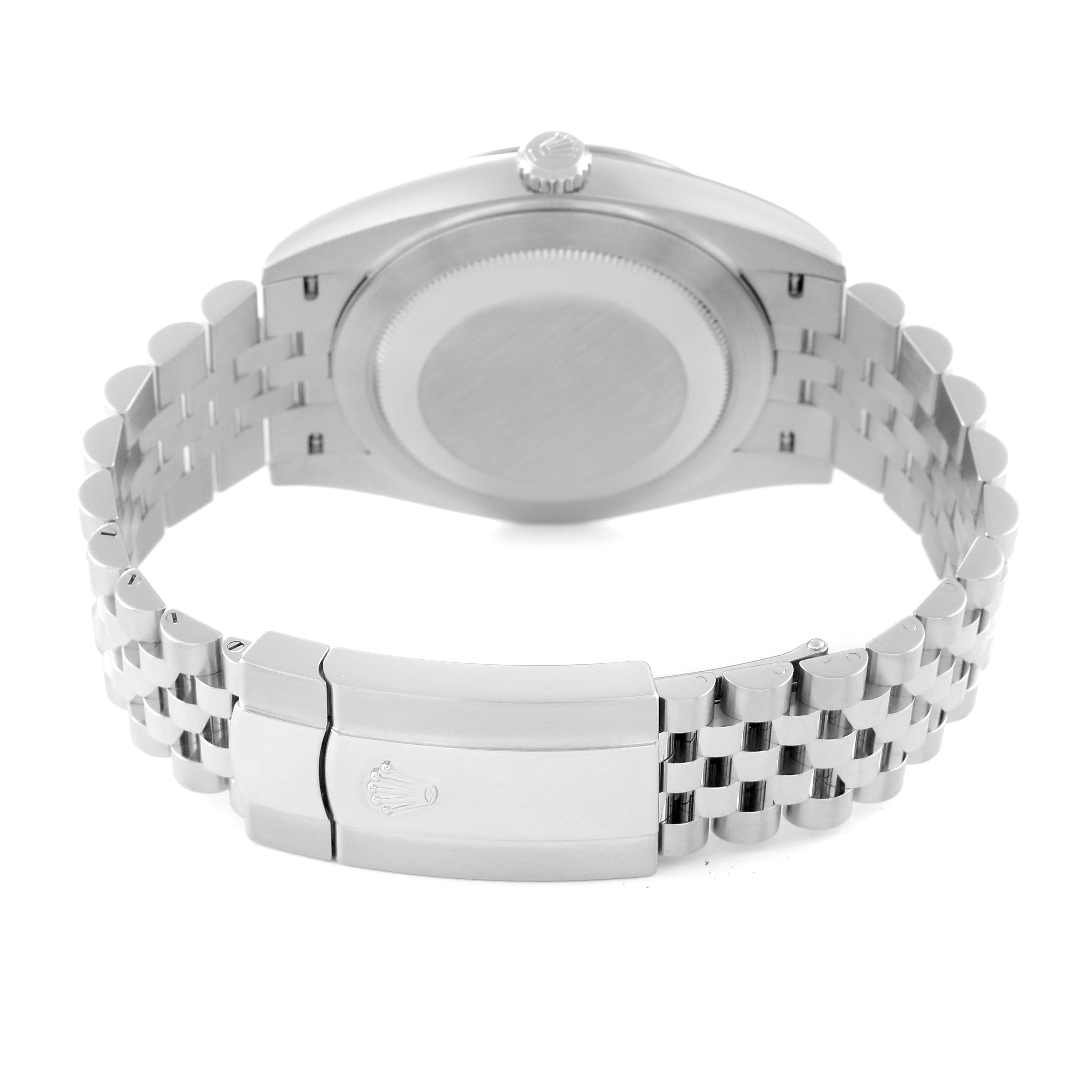 This image shows the backside of the Rolex Datejust 41 126334 Men's Stainless Steel Blue Dial 126334 Men's Stainless Steel Blue Dial, including the case back and part of the metal bracelet and clasp.