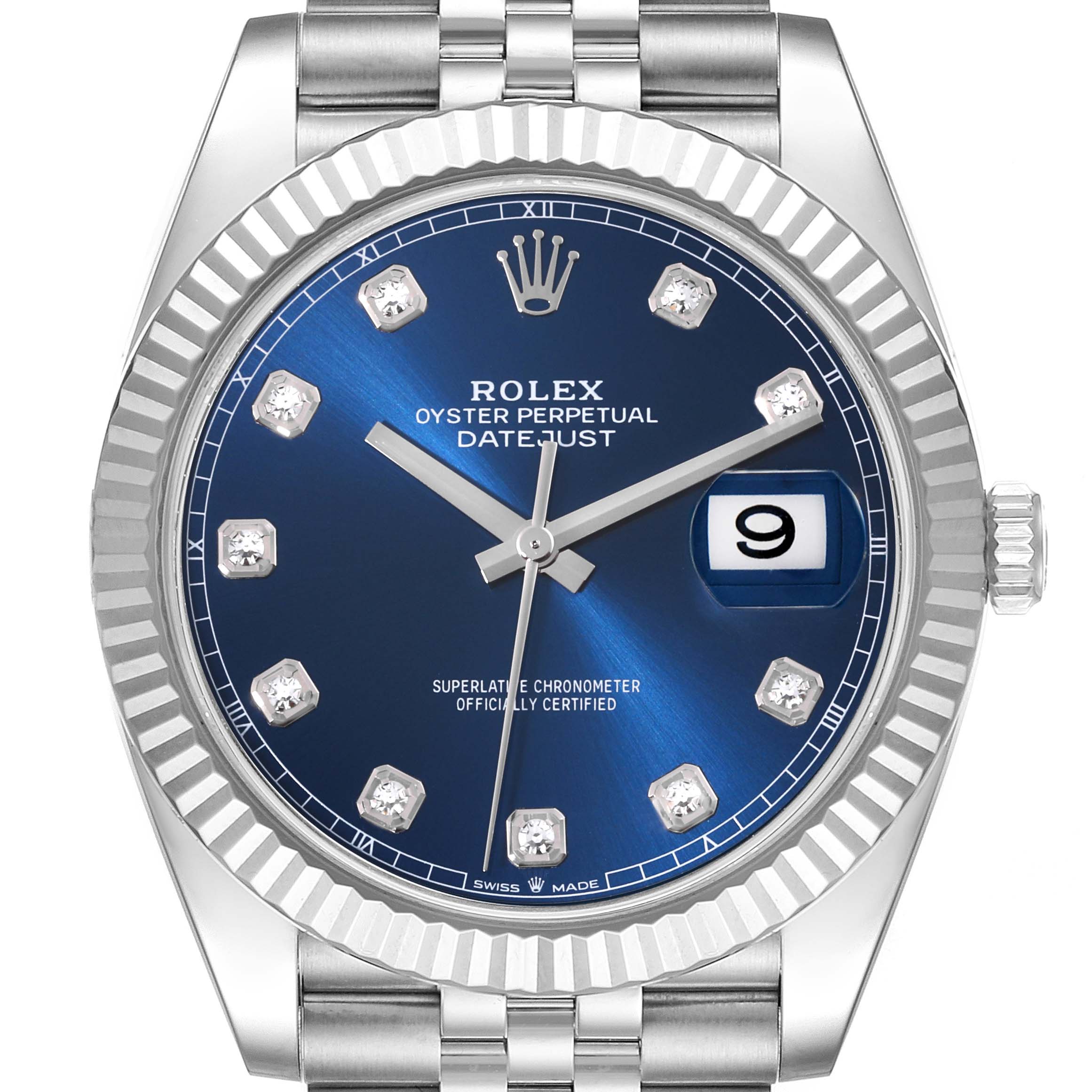 The image shows a front view of the Rolex Datejust 41 126334 Men's Stainless Steel Blue Dial 126334 Men's Stainless Steel Blue Dial watch, highlighting its blue dial, date window, and fluted bezel.