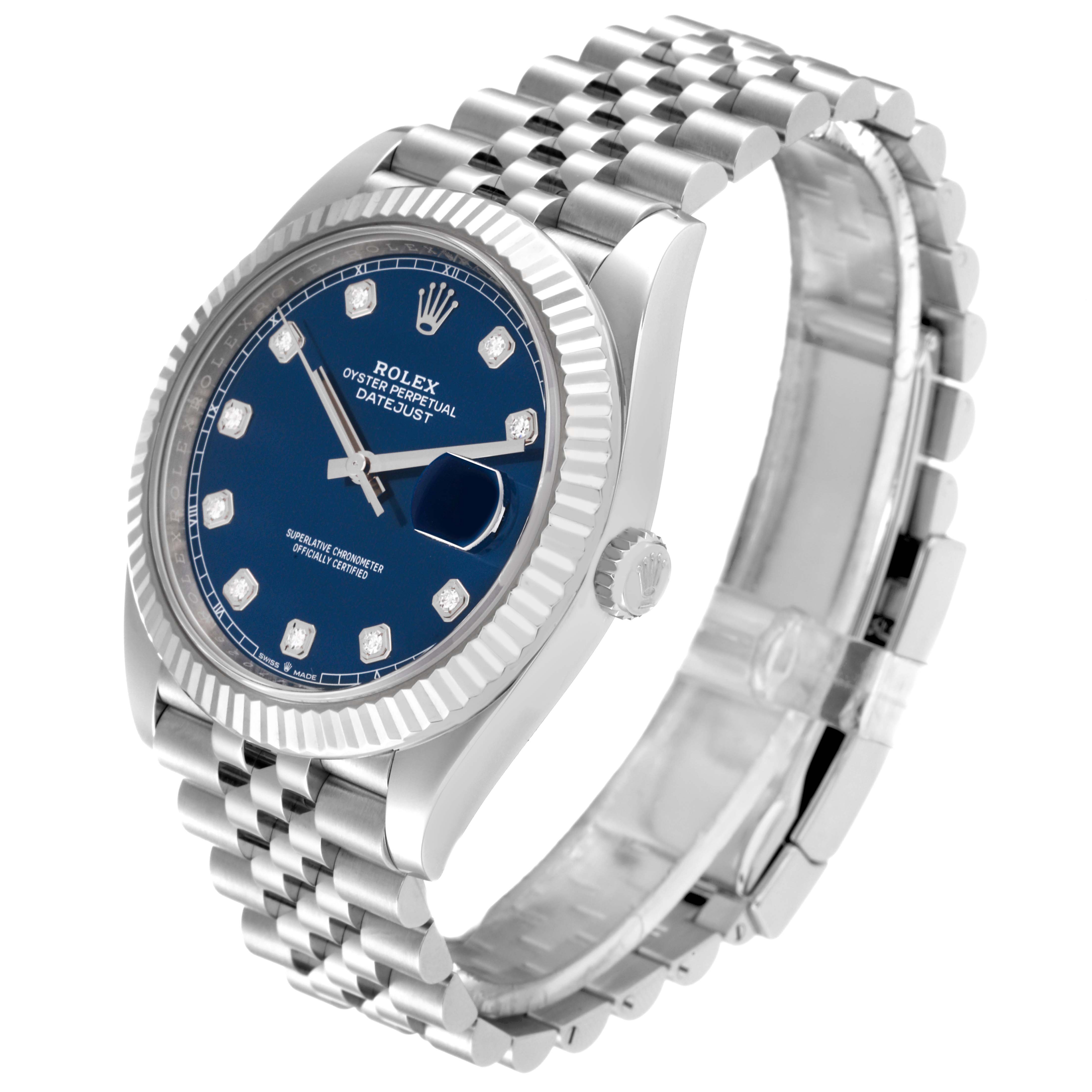 The Rolex Datejust 41 126334 Men's Stainless Steel Blue Dial 126334 Men's Stainless Steel Blue Dial watch is shown at a three-quarter angle, displaying the face, bezel, crown, and bracelet.