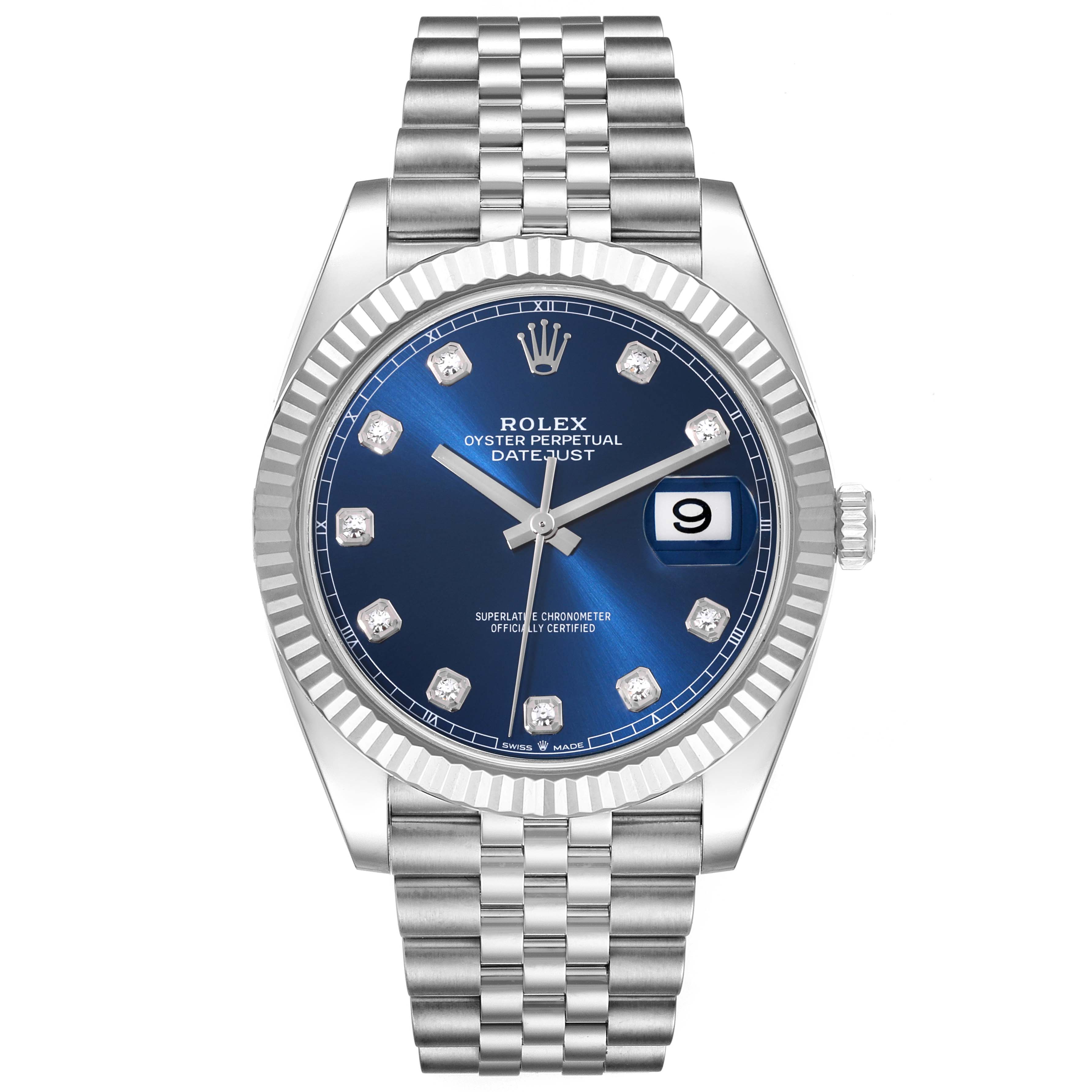 The image shows a Rolex Datejust 41 126334 Men's Stainless Steel Blue Dial 126334 Men's Stainless Steel Blue Dial watch from the front, featuring a blue dial, diamond hour markers, and a Jubilee bracelet.