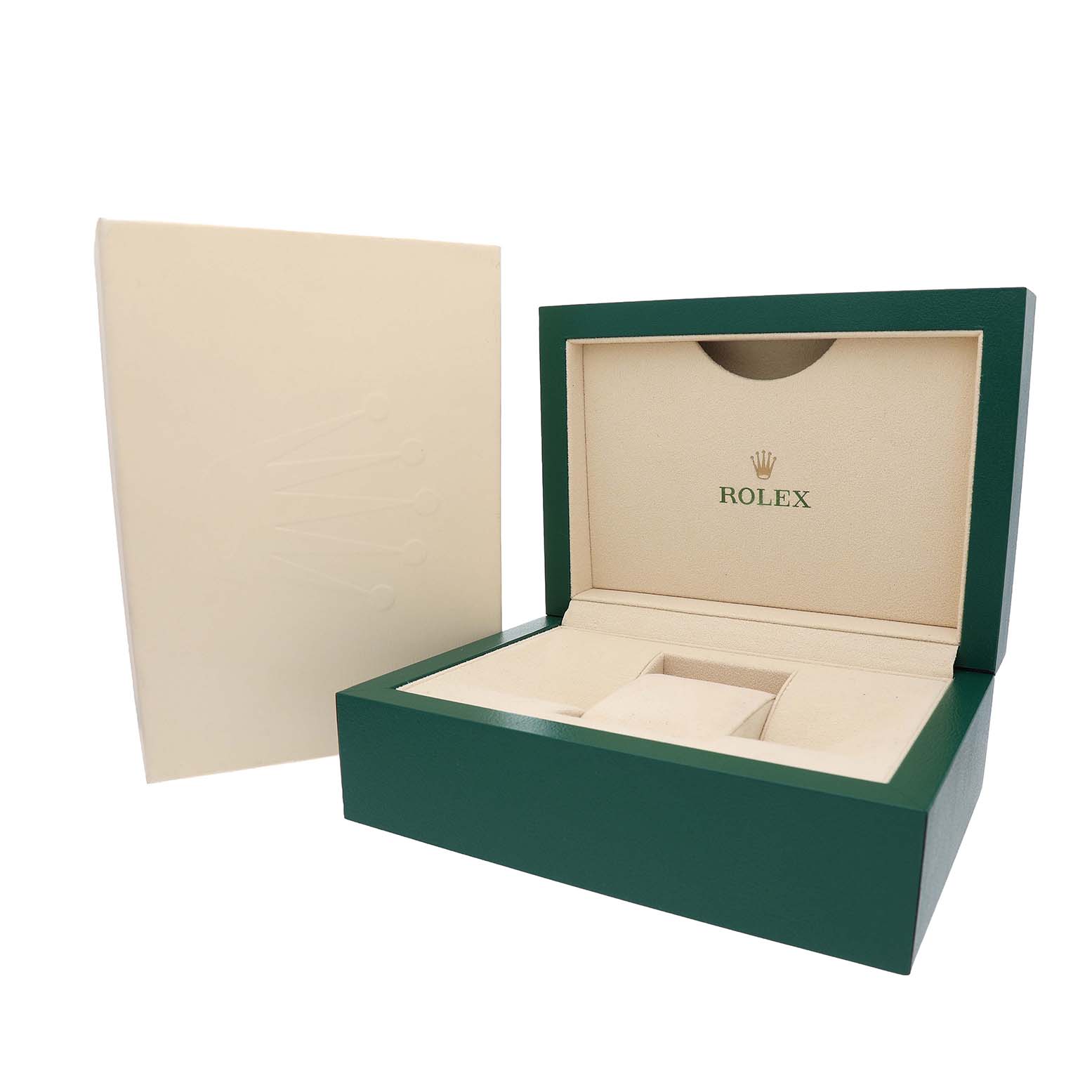 The image shows an open Rolex Datejust 41 126333 Men's Steel and Gold (two tone) Silver Dial box from a slightly elevated angle, displaying its interior and outer packaging.