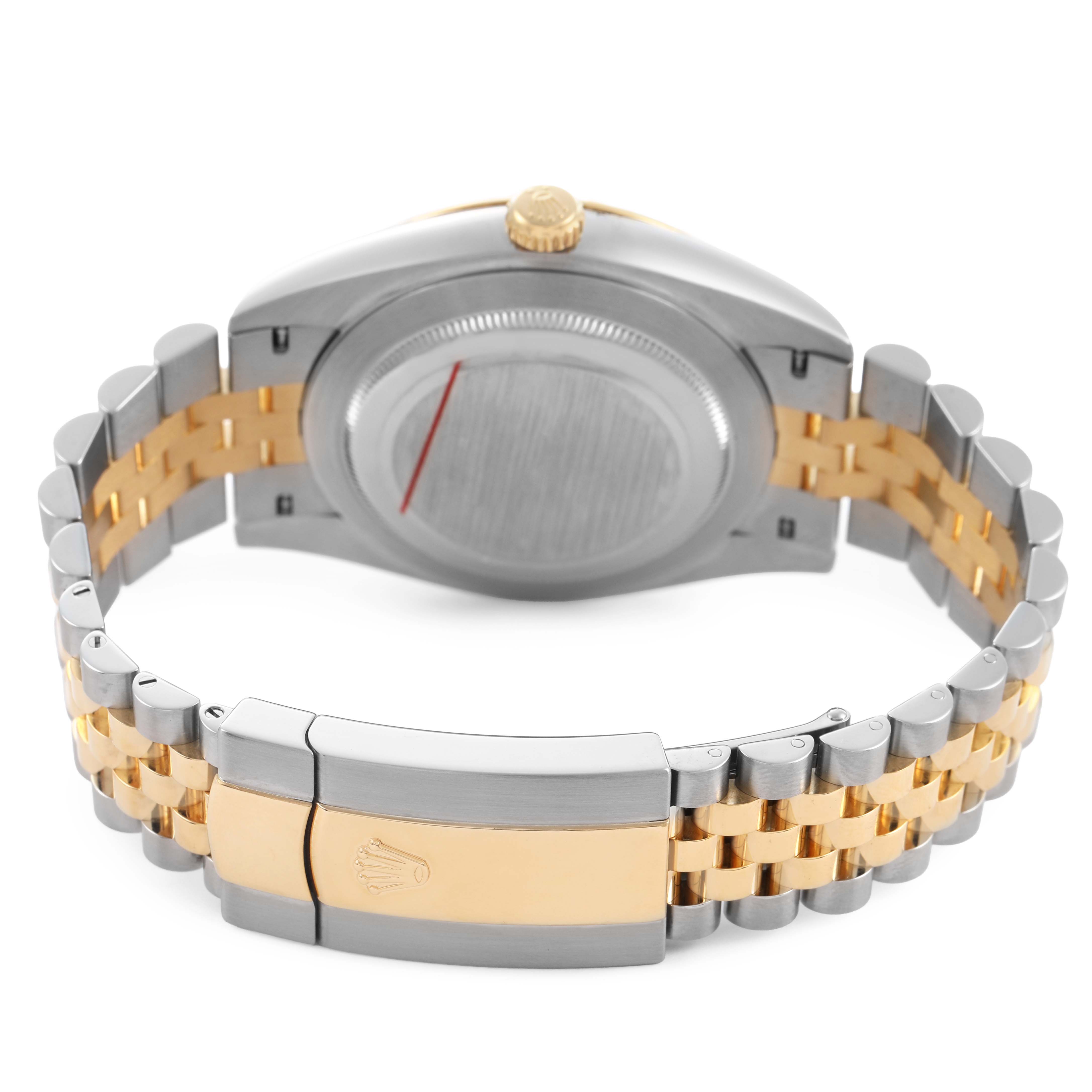The image shows the back side of the Rolex Datejust 41 126333 Men's Steel and Gold (two tone) Silver Dial, highlighting the case back and two-tone Jubilee bracelet with a visible clasp.
