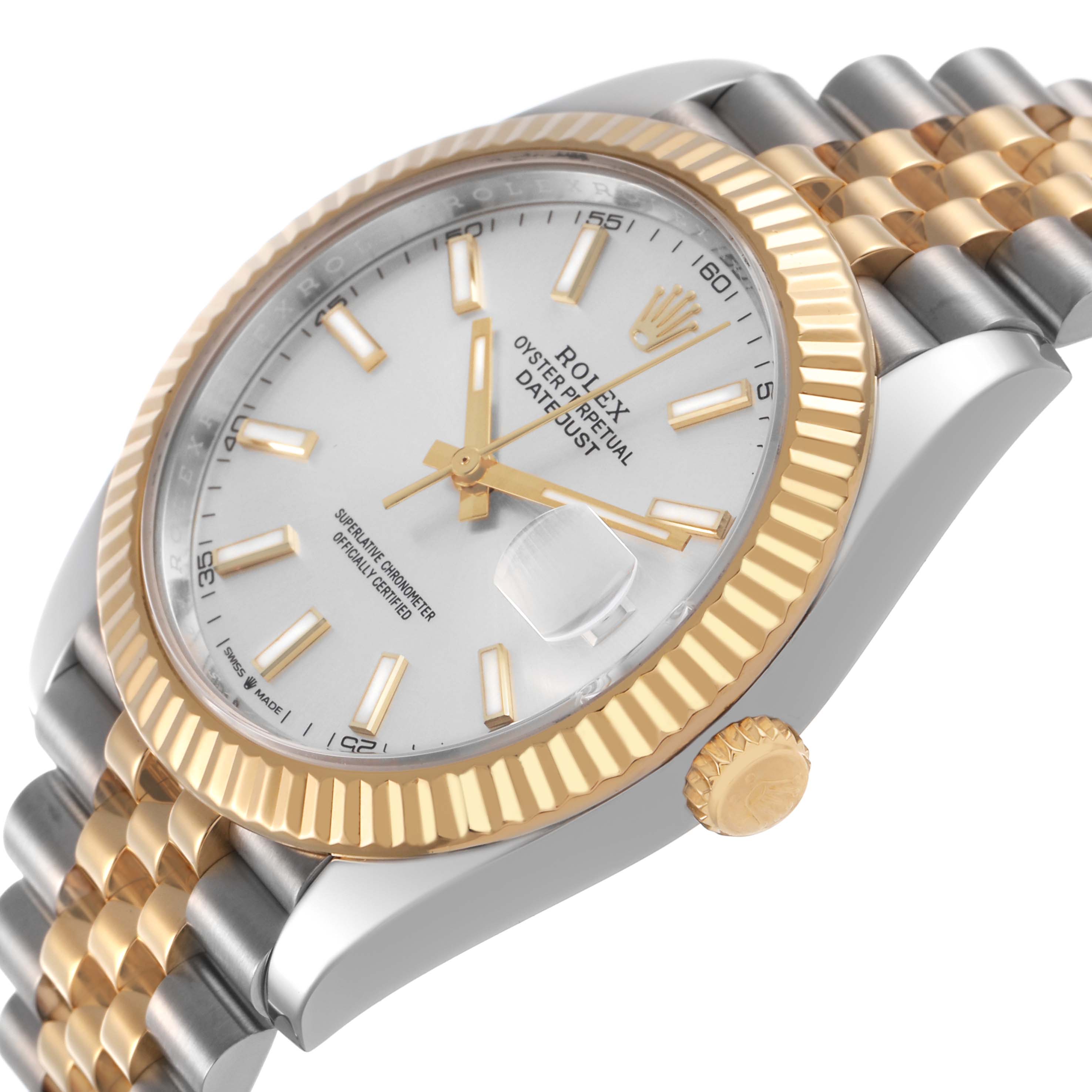 The Rolex Datejust 41 126333 Men's Steel and Gold (two tone) Silver Dial is shown at an angle highlighting the gold fluted bezel, crown, two-tone bracelet, and white dial.