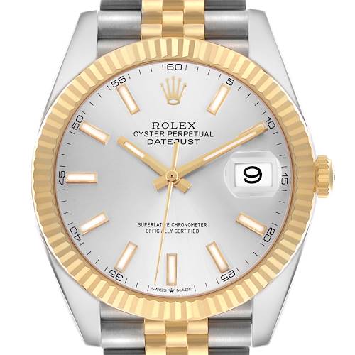 The Rolex Datejust 41 126333 Men's Steel and Gold (two tone) Silver Dial is shown from a top-down angle, highlighting the dial, fluted bezel, crown, and part of the bracelet.