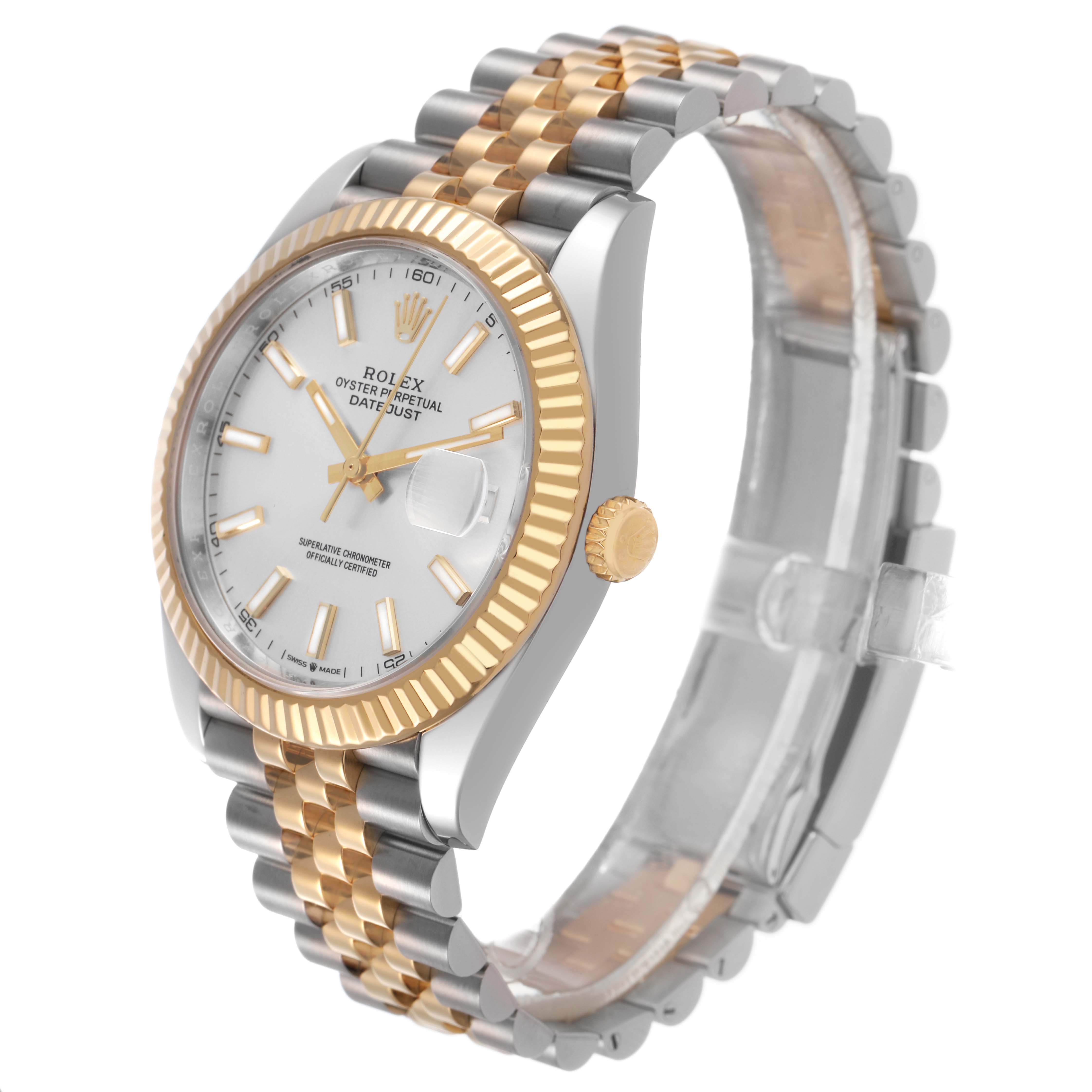 The Rolex Datejust 41 126333 Men's Steel and Gold (two tone) Silver Dial watch is shown at a three-quarter angle, highlighting the bezel, dial, and Jubilee bracelet.