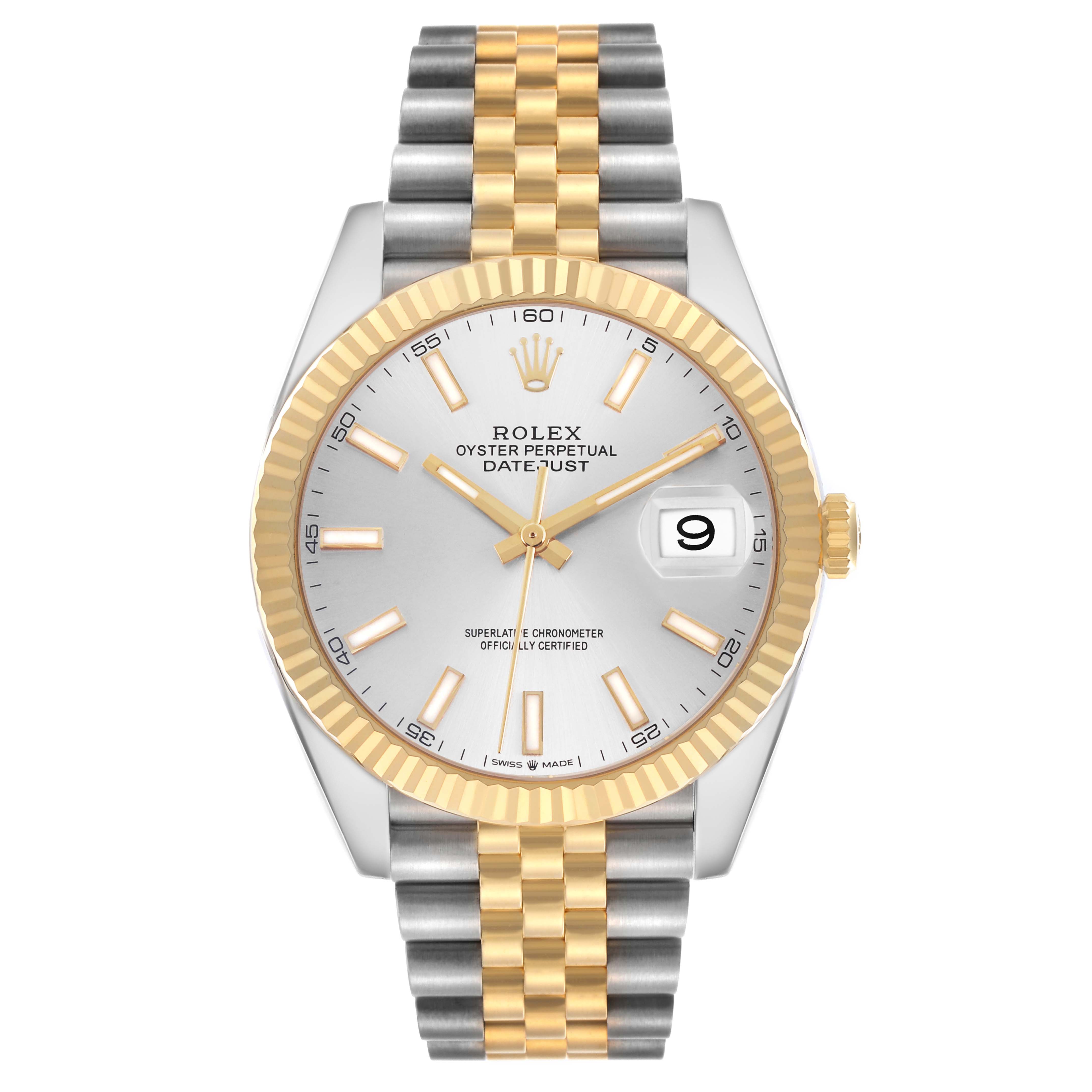 The Rolex Datejust 41 126333 Men's Steel and Gold (two tone) Silver Dial is shown from a frontal angle, highlighting its gold bezel, dial, and two-tone bracelet.