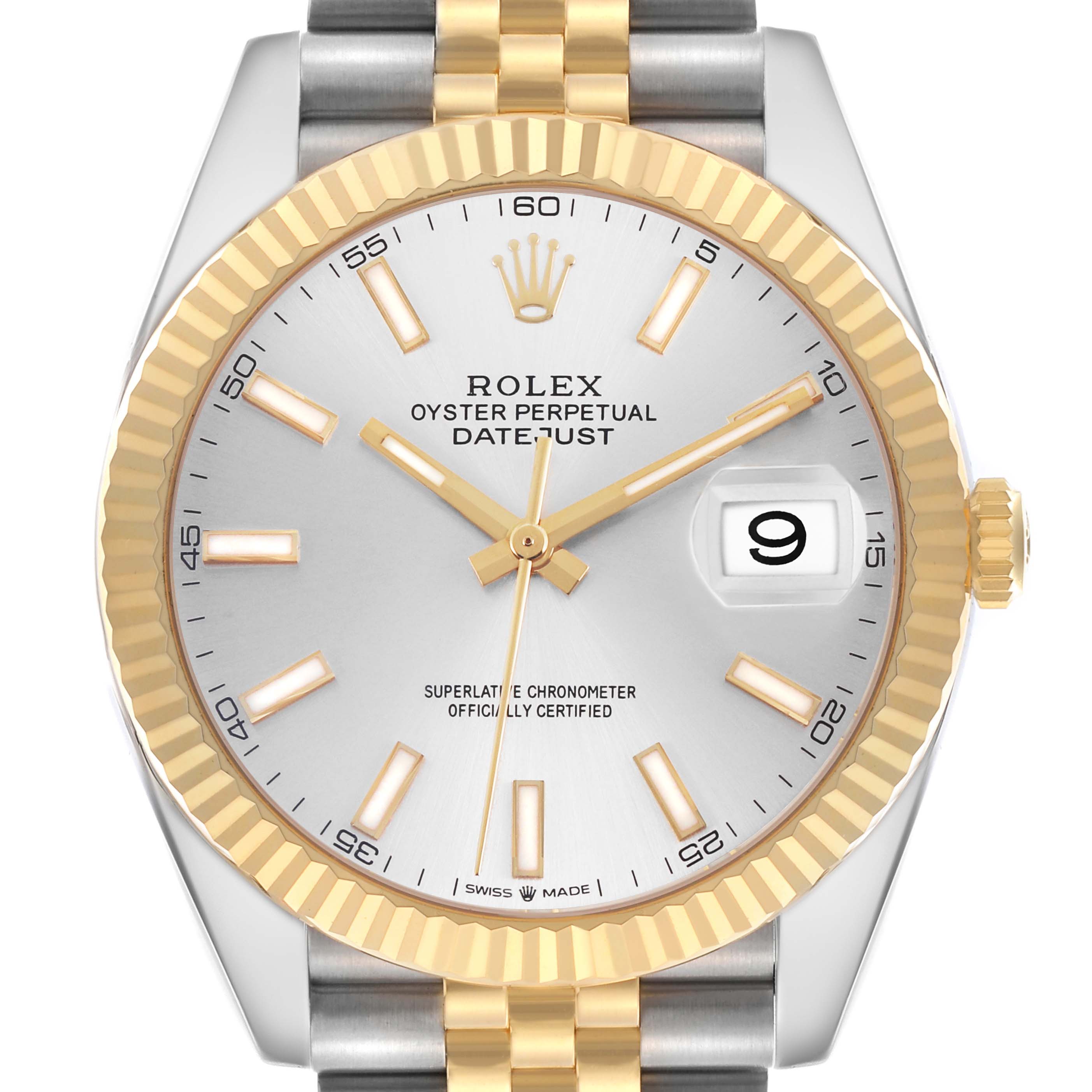 The Rolex Datejust 41 126333 Men's Steel and Gold (two tone) Silver Dial is shown front-facing, highlighting the dial, fluted bezel, hands, markers, and date window.