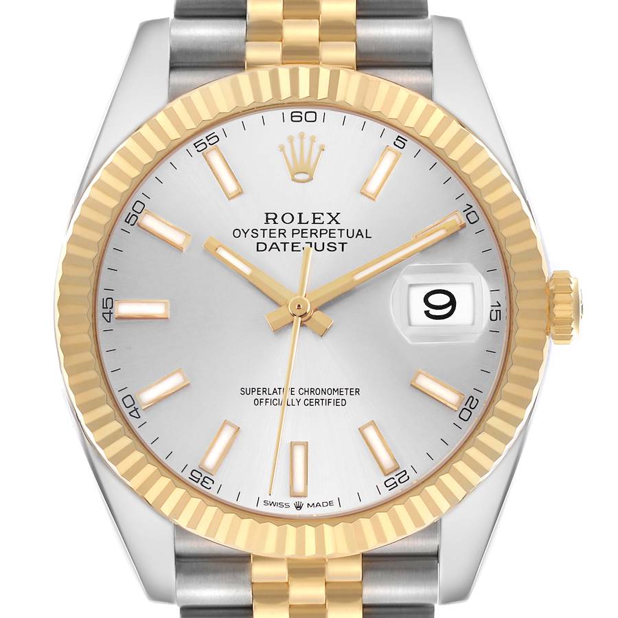 The Rolex Datejust 41 126333 Men's Steel and Gold (two tone) Silver Dial is shown front-facing, highlighting the dial, fluted bezel, hands, markers, and date window.