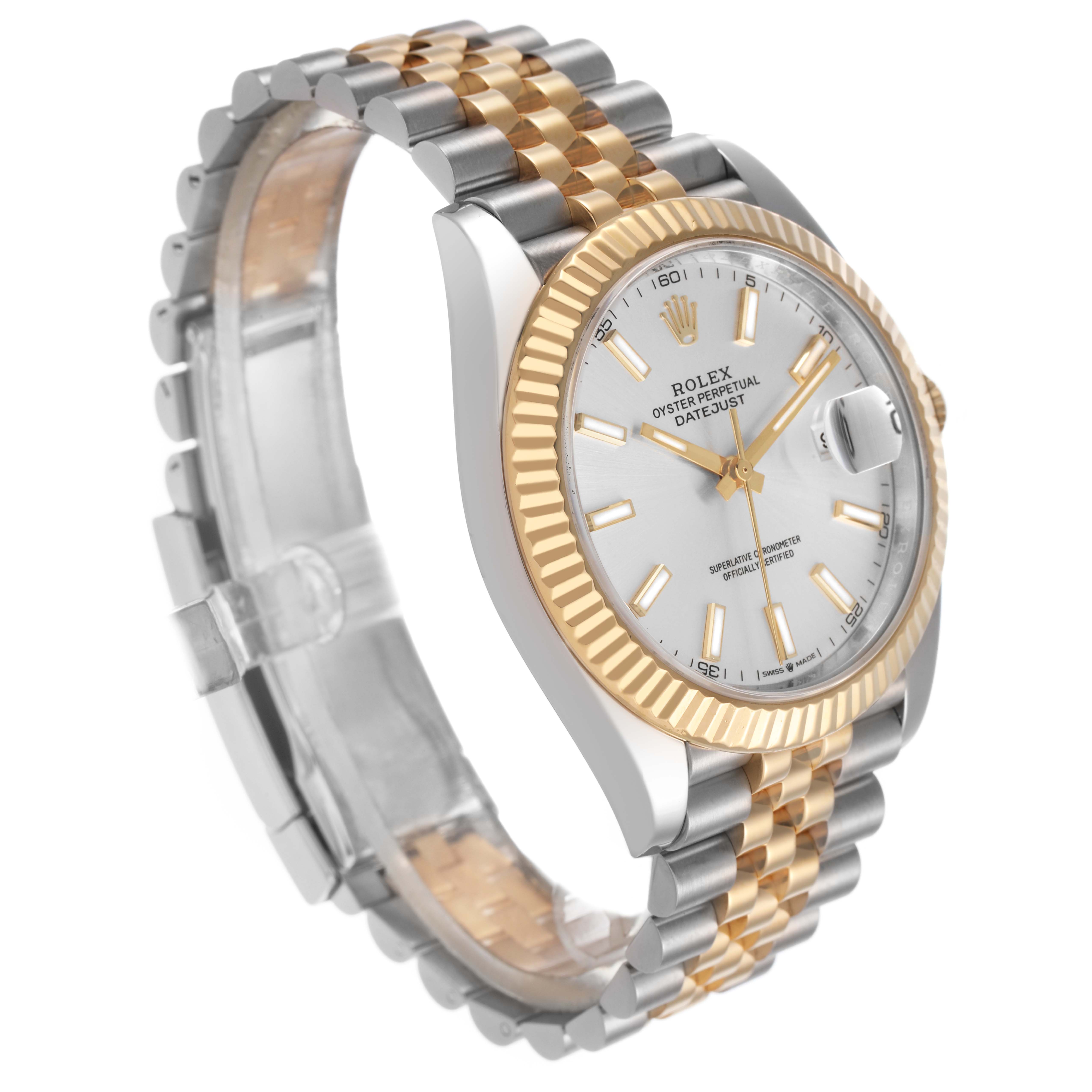 The Rolex Datejust 41 126333 Men's Steel and Gold (two tone) Silver Dial is shown at a three-quarter angle, highlighting the gold and silver bracelet, bezel, and dial with a date window.