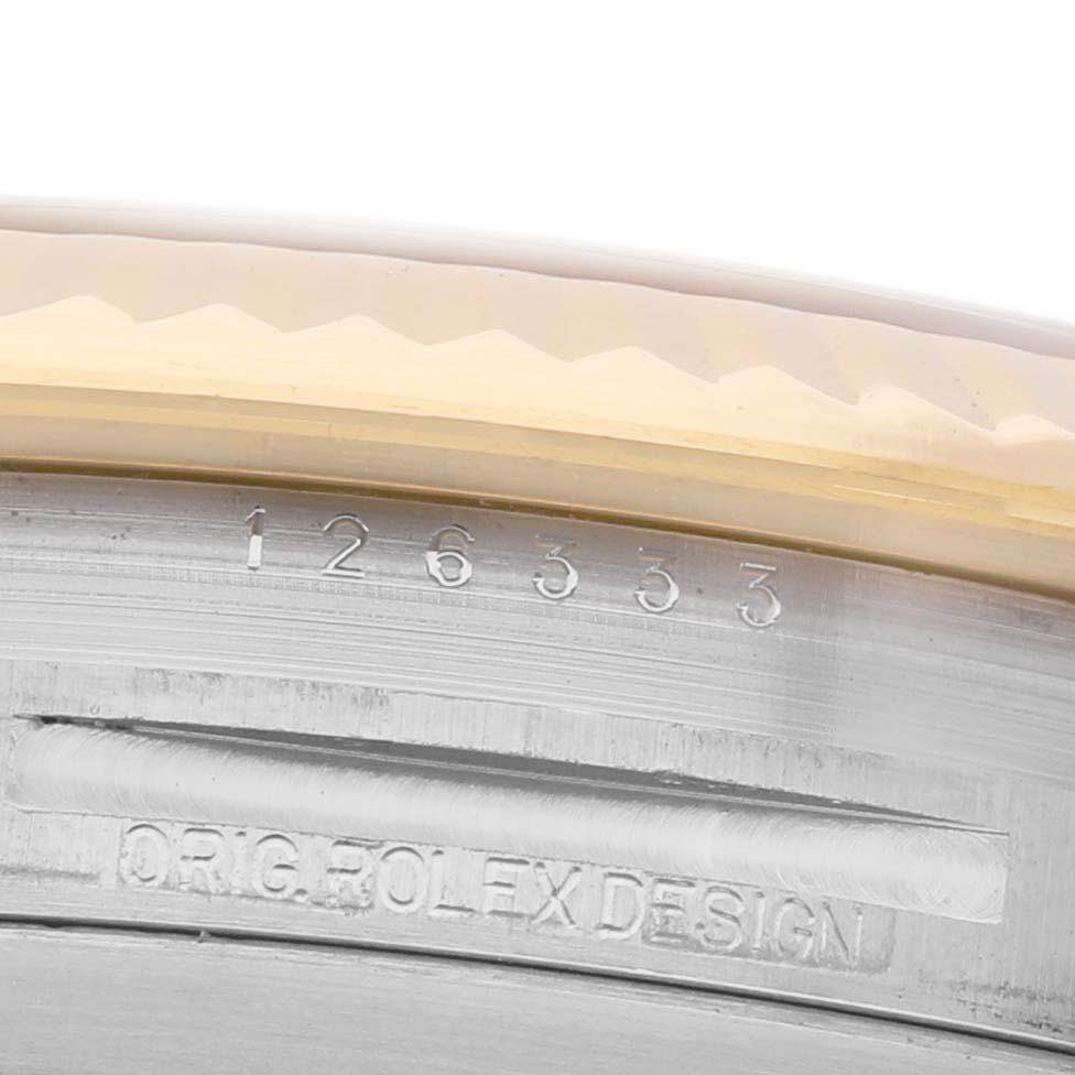 The image shows the side of a Rolex Datejust 41 126333 Men's Steel and Gold (two tone) Silver Dial, highlighting the engraved model number and "Orig. Rolex Design" text.