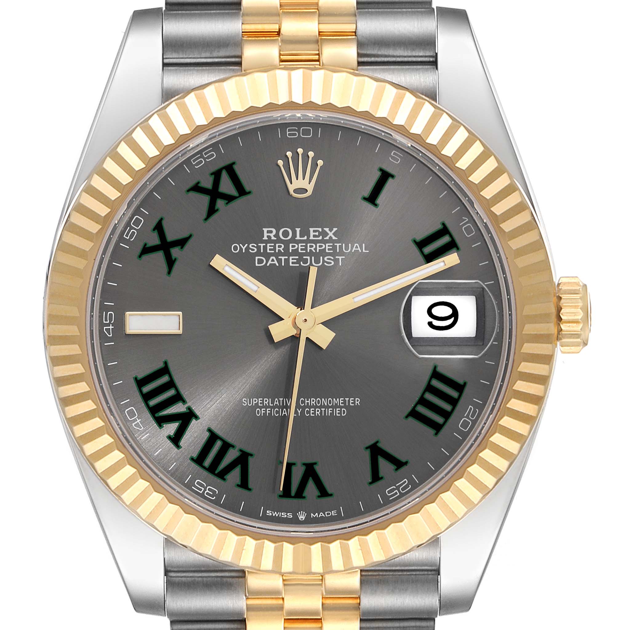 This is a close-up, front view of the Rolex Datejust 41 126333 Men's Steel and Gold (two tone) Grey Dial 126333 Men's Steel and Gold (two tone) Grey Dial, showing the dial, bezel, and part of the bracelet.