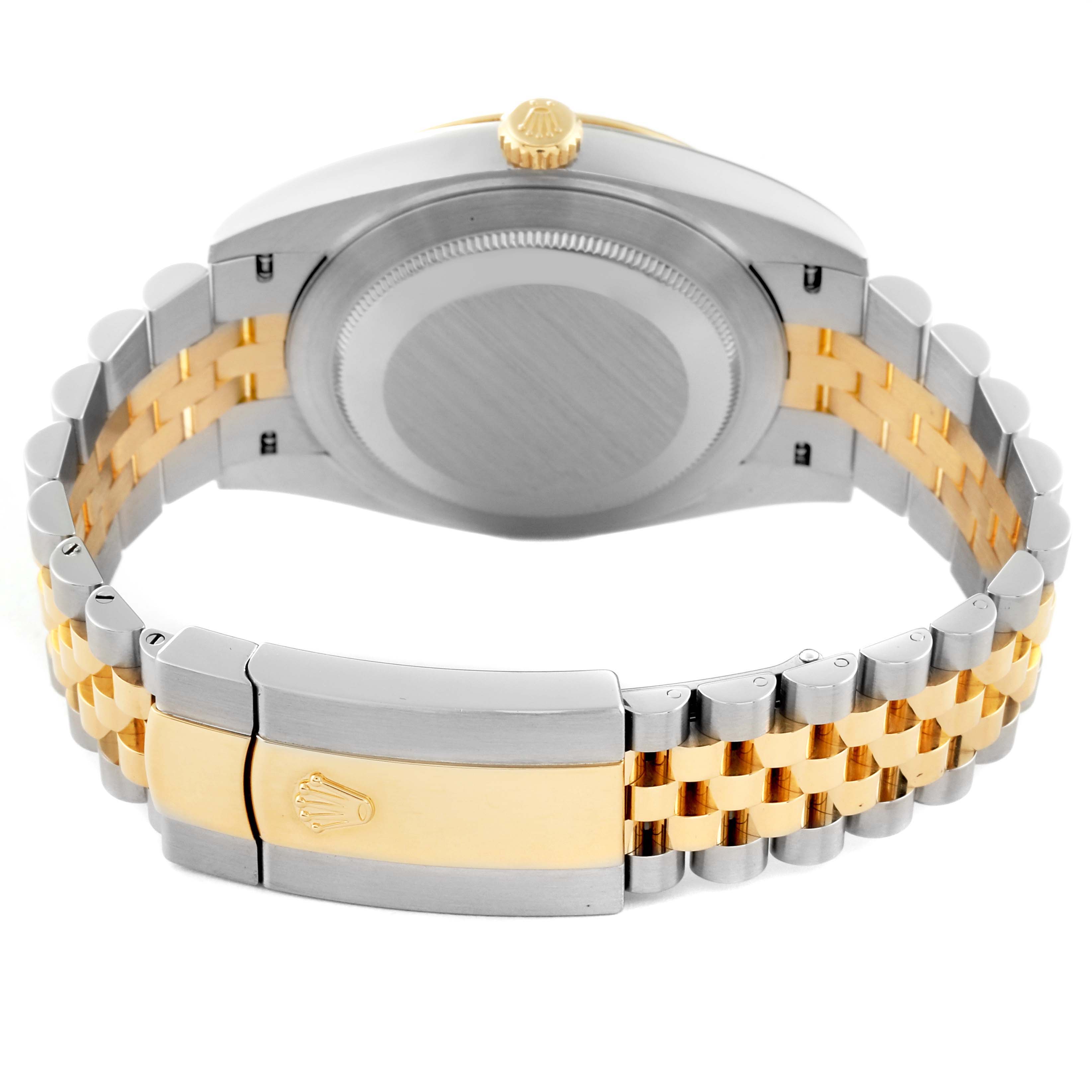 The image shows the back, bracelet, and clasp of a Rolex Datejust 41 126333 Men's Steel and Gold (two tone) Grey Dial 126333 Men's Steel and Gold (two tone) Grey Dial model, highlighted in a mix of gold and silver tones.