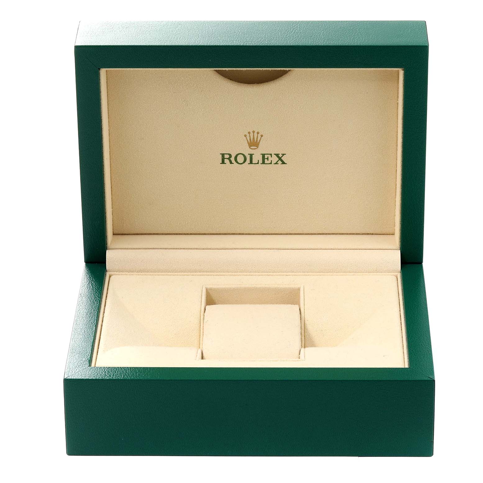 This image shows an open Rolex watch box for the Datejust 41 model, revealing the cushion and interior.