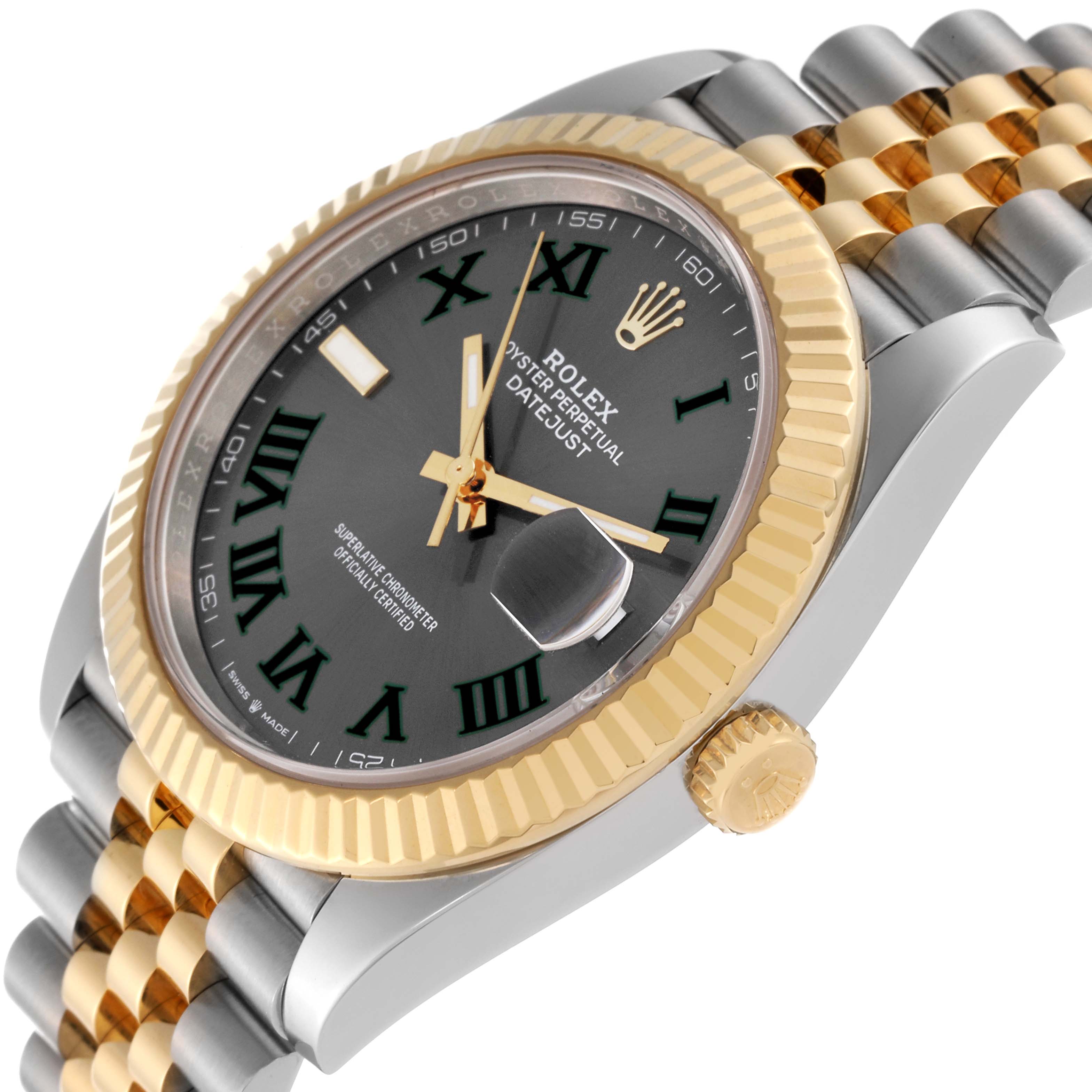 This image shows a close-up of the Rolex Datejust 41 126333 Men's Steel and Gold (two tone) Grey Dial 126333 Men's Steel and Gold (two tone) Grey Dial watch at an angle, displaying its face, bezel, and part of the bracelet.