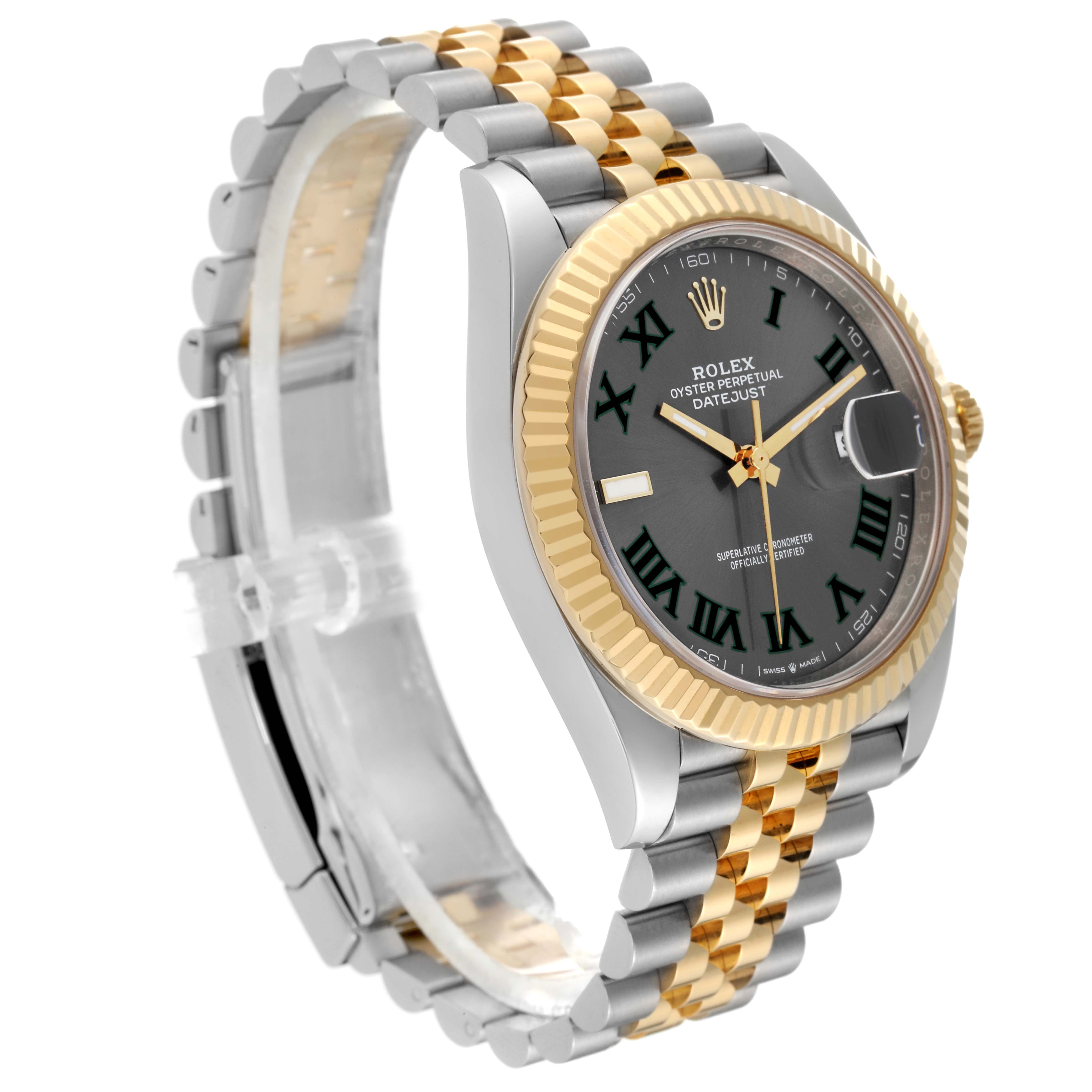 The image shows a Rolex Datejust 41 126333 Men's Steel and Gold (two tone) Grey Dial 126333 Men's Steel and Gold (two tone) Grey Dial watch at a 3/4 angle highlighting the case, fluted bezel, bracelet, and dial.
