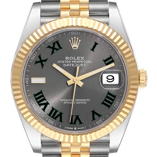 This is a front view of a Rolex Datejust 41 watch, showing the dial, bezel, crown, and part of the bracelet.