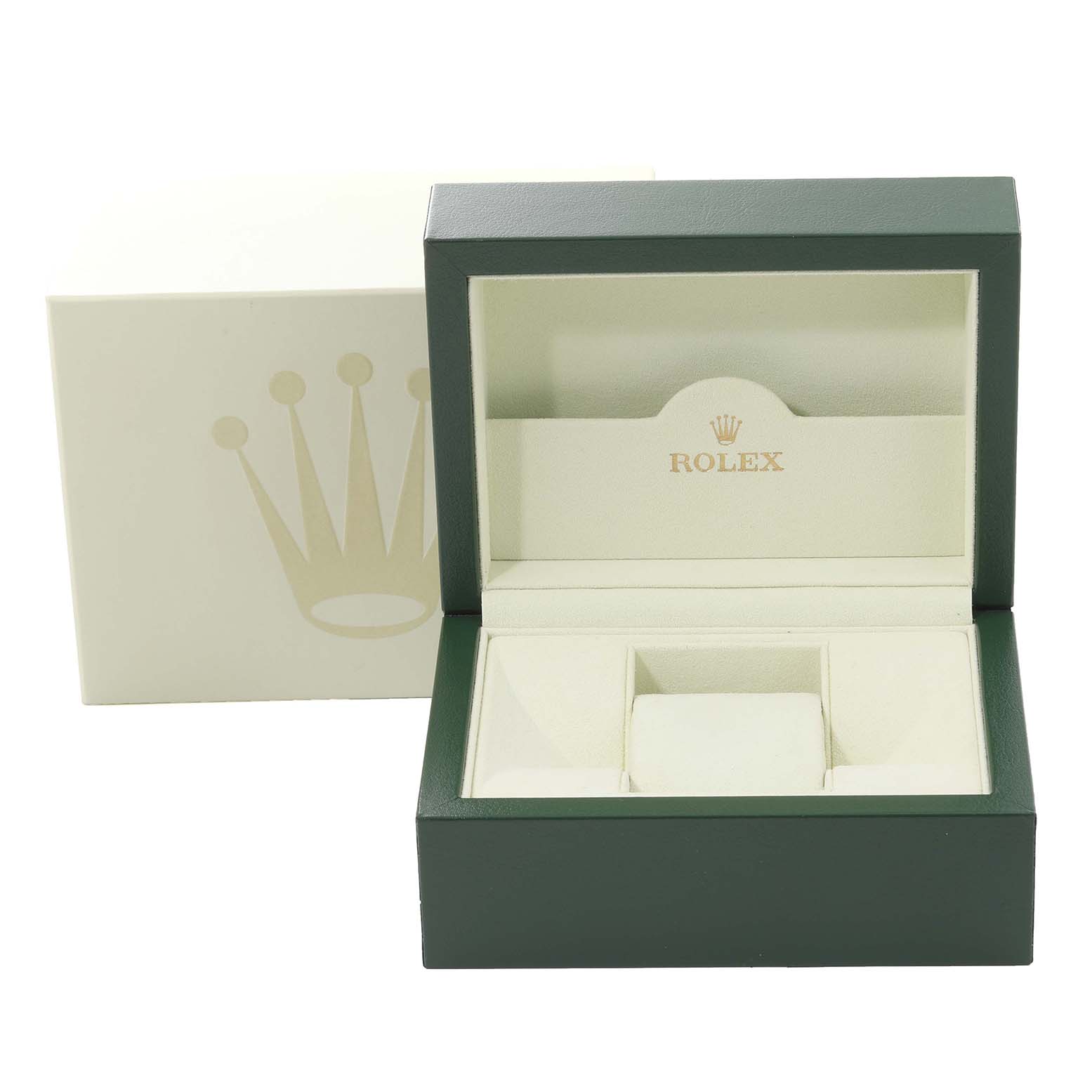The image shows the packaging for a Rolex Datejust 116243 Men's Steel and Gold (two tone) Black Dial 116243 Men's Steel and Gold (two tone) Black Dial, featuring an open green and cream-colored luxury watch box with a crown logo.