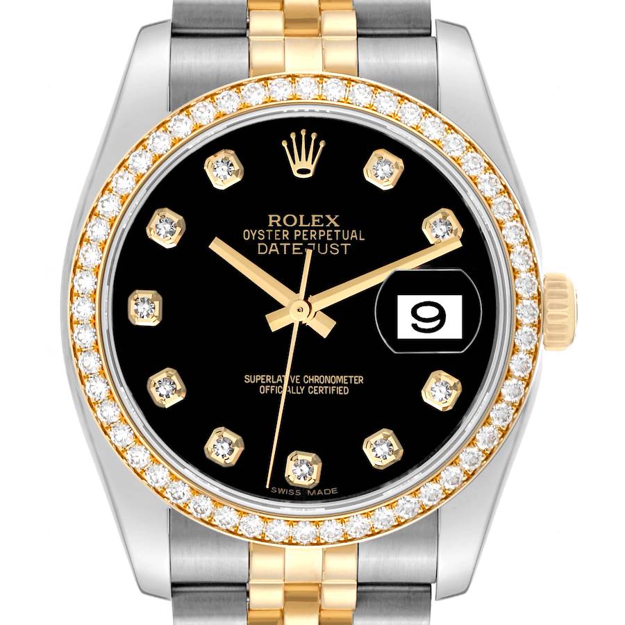 The image shows a head-on view of the Rolex Datejust watch, highlighting the dial, bezel, and partial bracelet.