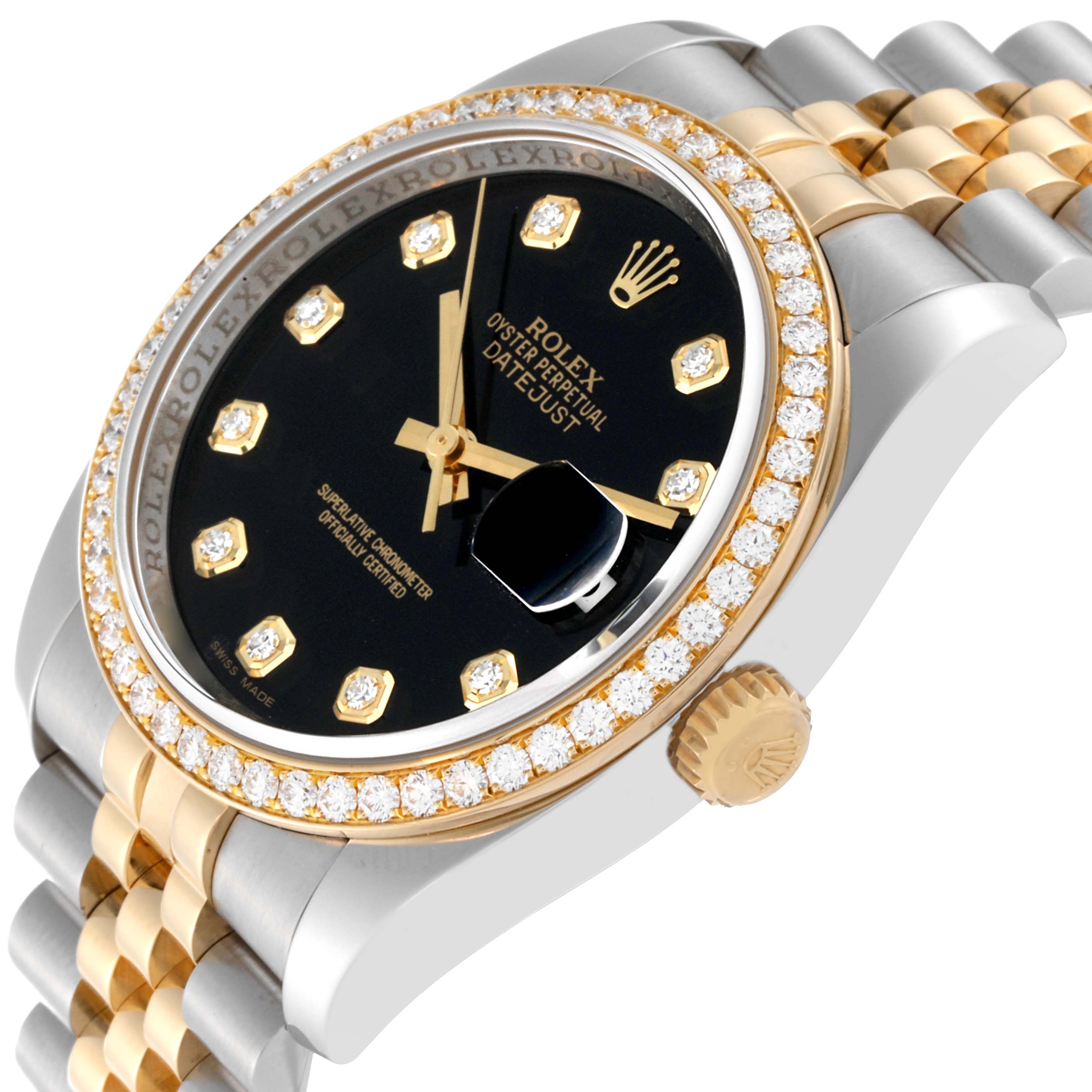 The Rolex Datejust 116243 Men's Steel and Gold (two tone) Black Dial 116243 Men's Steel and Gold (two tone) Black Dial watch is shown from an oblique angle, highlighting the bezel, dial, bracelet, and crown.
