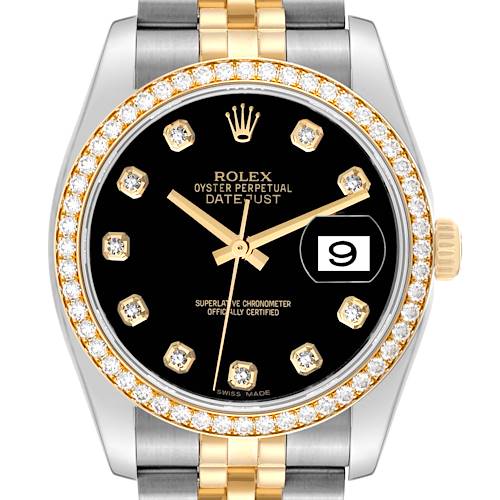 The image shows a front view of a Rolex Datejust watch, highlighting its diamond-studded bezel, black dial, and two-tone bracelet.